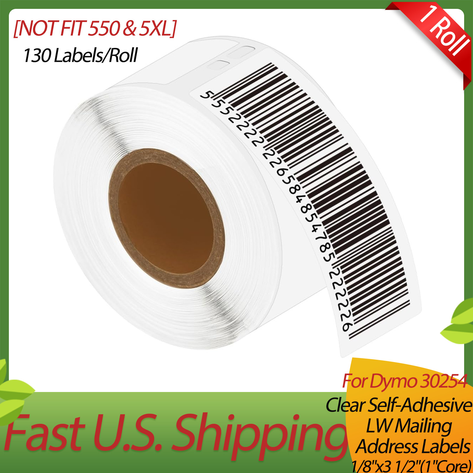 1 Roll 1-1/8″x3-1/2″ for Dymo 30254 Clear Self-Adhesive LW Mailing Address Label