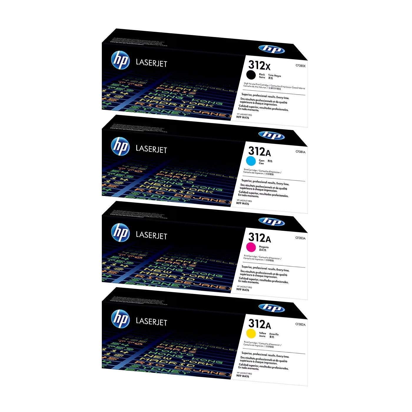 HP 312X Black High Yield, 312A Cyan/Magenta/Yellow Standard Yield Toner Set