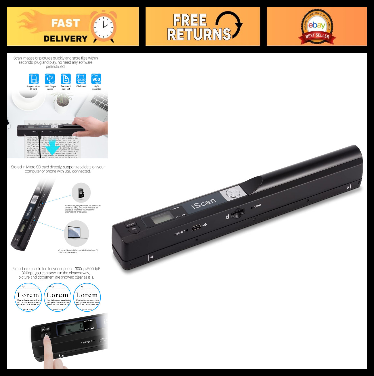 Portable Handheld Document Scanner 900DPI, A4 Mobile Photo Scanner, JPG/PDF, USB