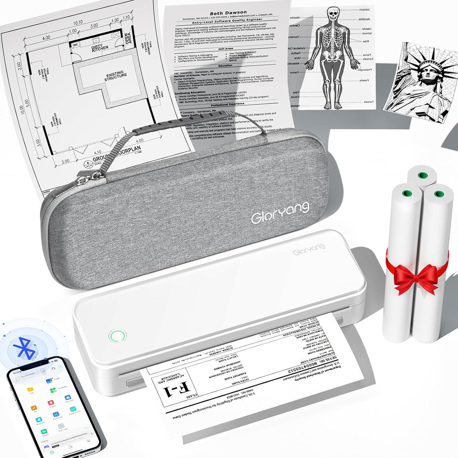 Impresora Portatil Termica Sin Tinta Inalambrica Bluetooth Con Estuche 3 Rollos