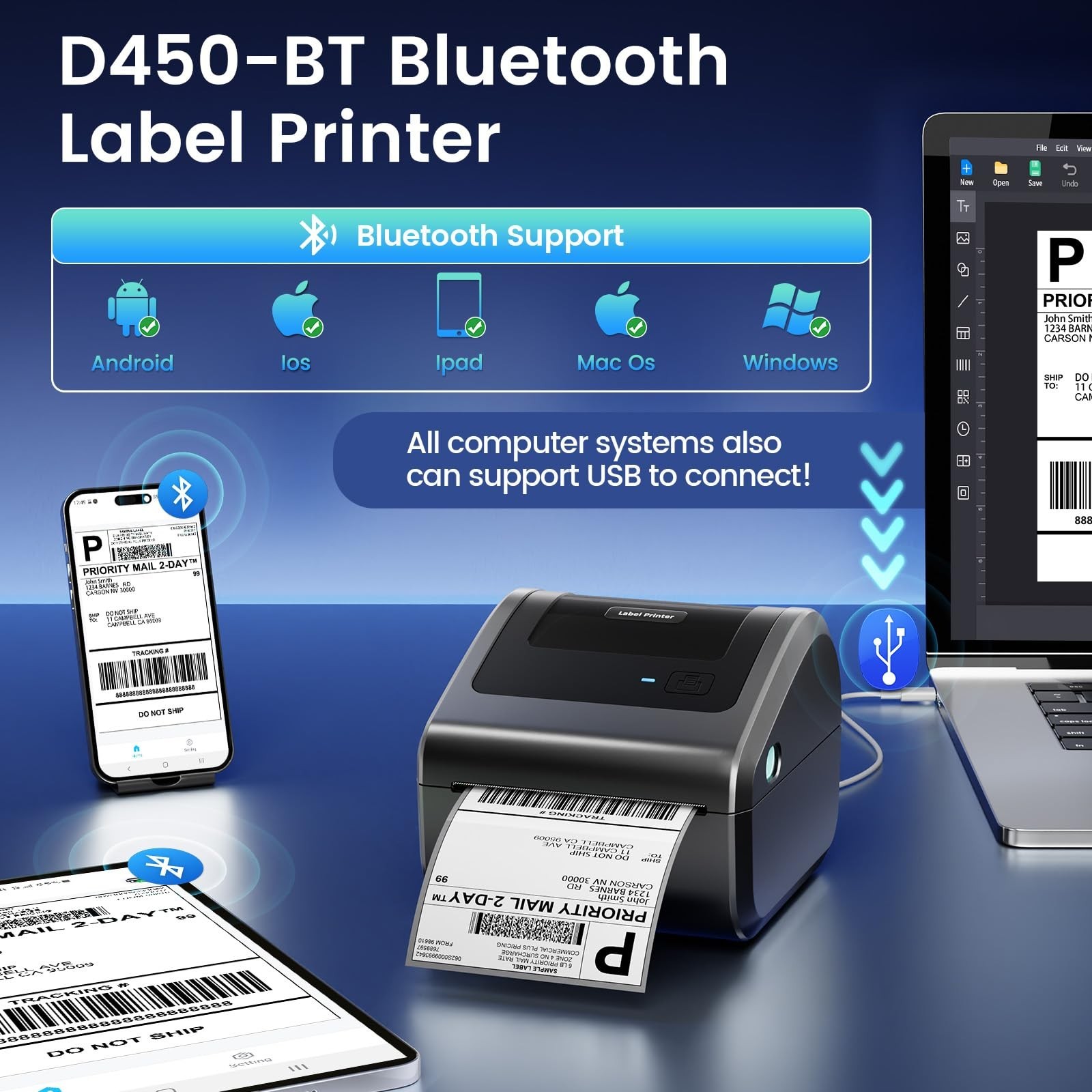 Bluetooth Shipping Label Printer 4×6 – D450BT Thermal Label Printer for Shipp…