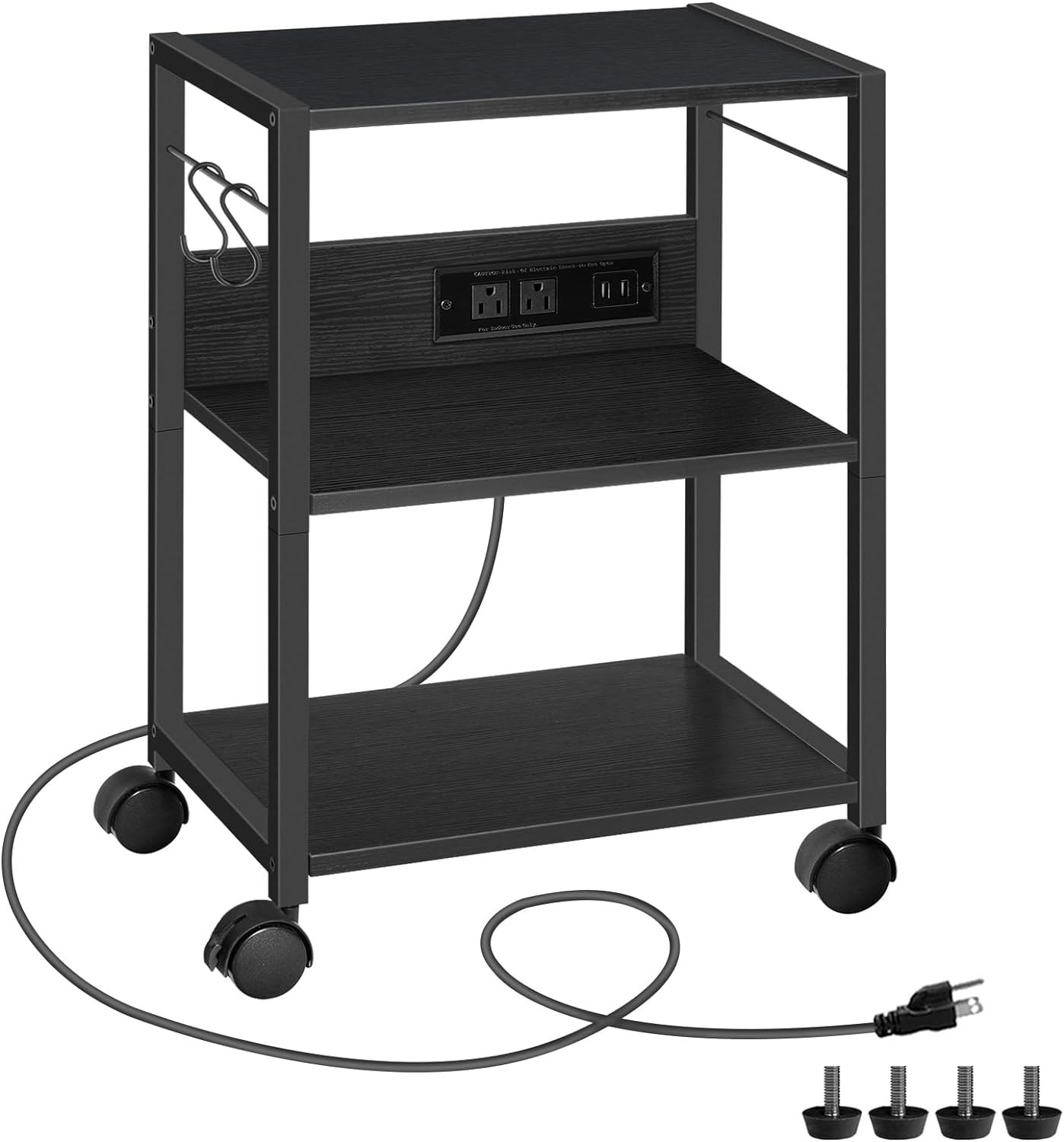 Black Rolling Printer Stand with 3-Tier Shelves & USB Ports for Modern Offices