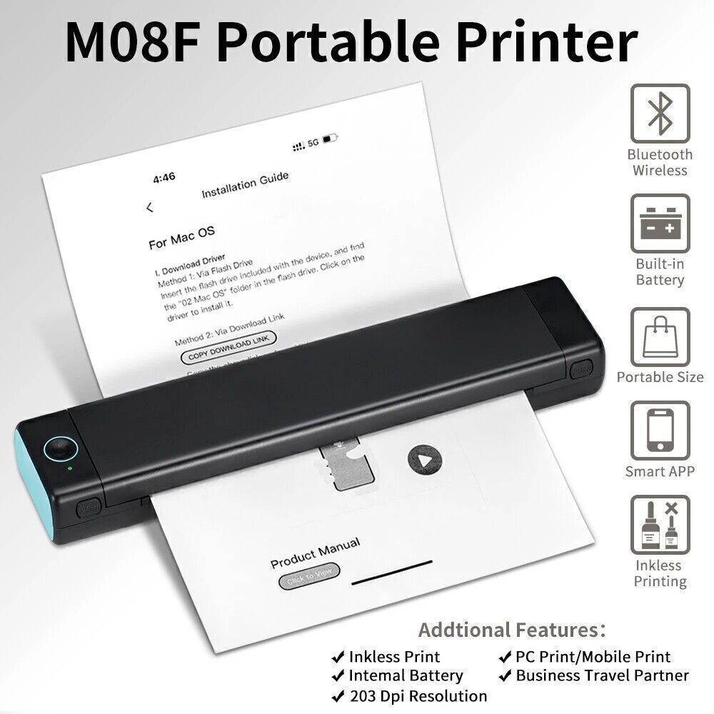 A4 Portable Mini Wireless Bluetooth Inkless Thermal Printer Tattoo Paper lot