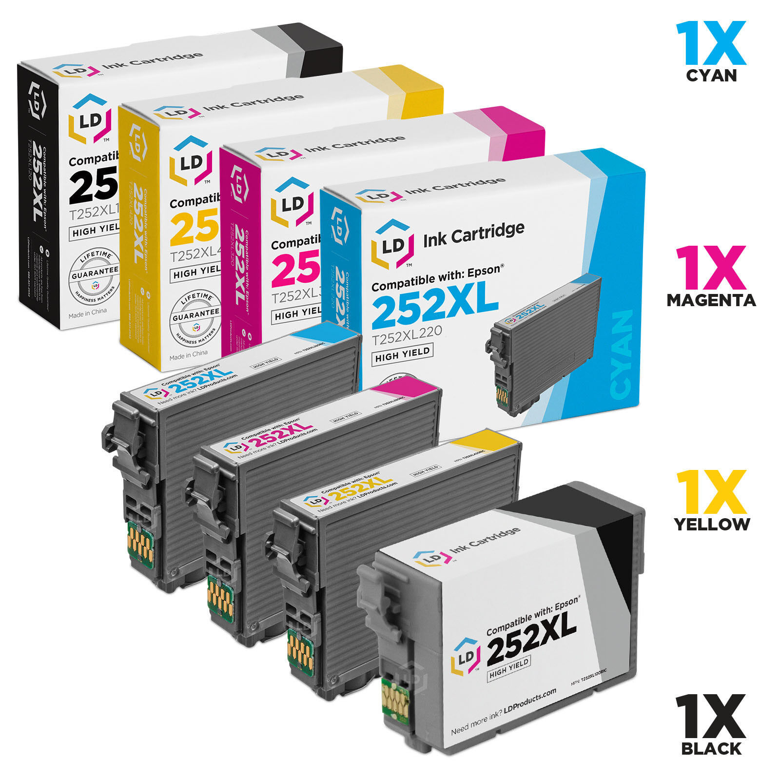 LD 4Pk Reman Cartridges for Epson Ink 252 XL 252XL Black Cyan Magenta Yellow