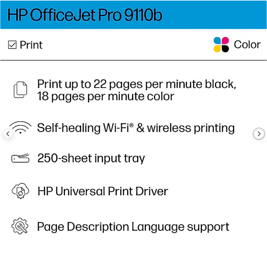 HP OfficeJet Pro 9110b Wireless Color Inkjet Printer, Print Only (5A0S1A)