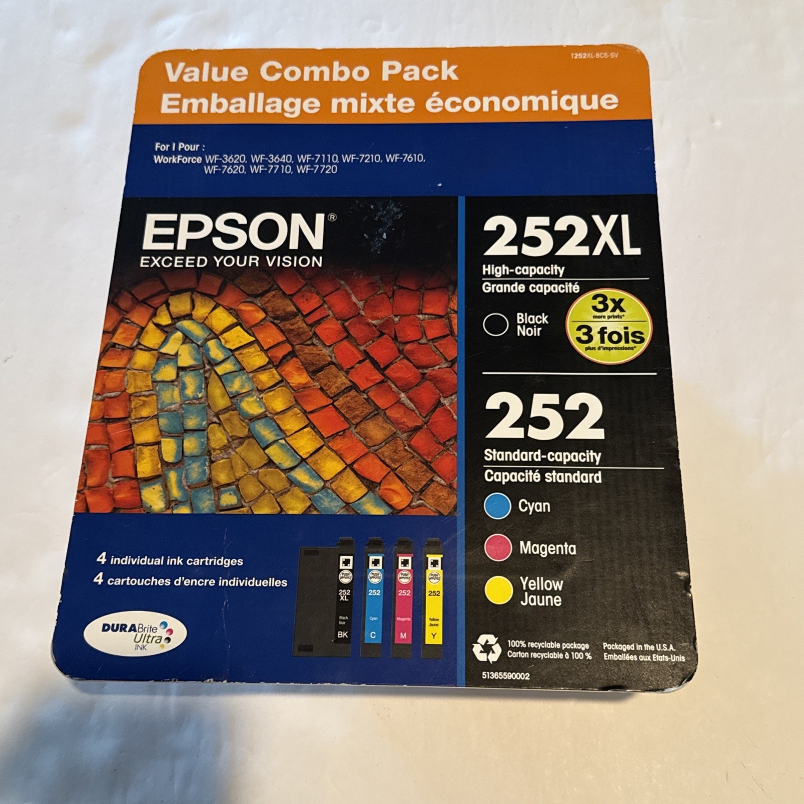 Epson 252XL / 252 (T252XL-BCS) Black/Tri-Color Ink Cartridge – 4 Pack Exp. 10/22
