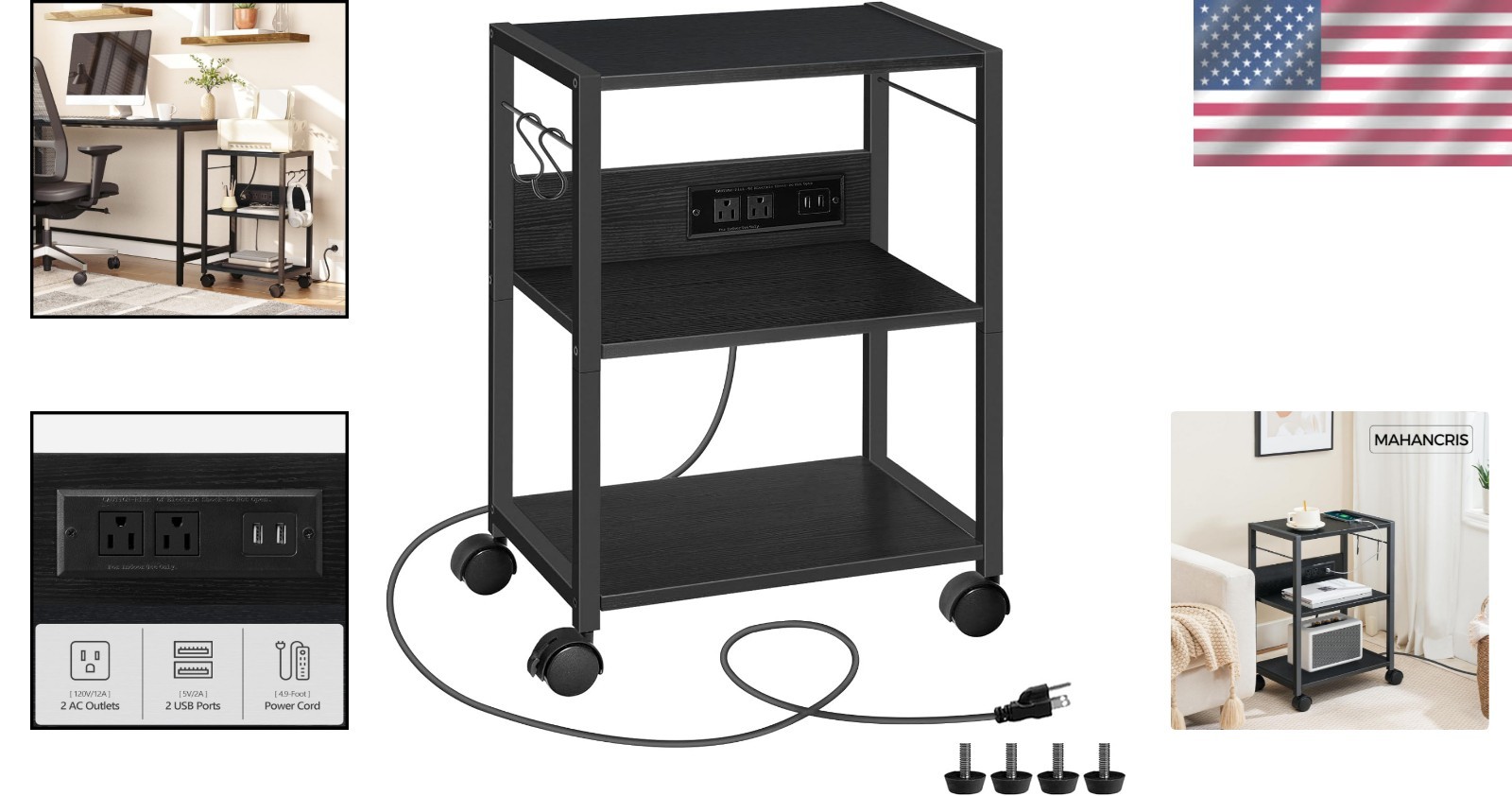 Black Rolling Printer Stand with 3-Tier Shelves & USB Ports for Modern Offices