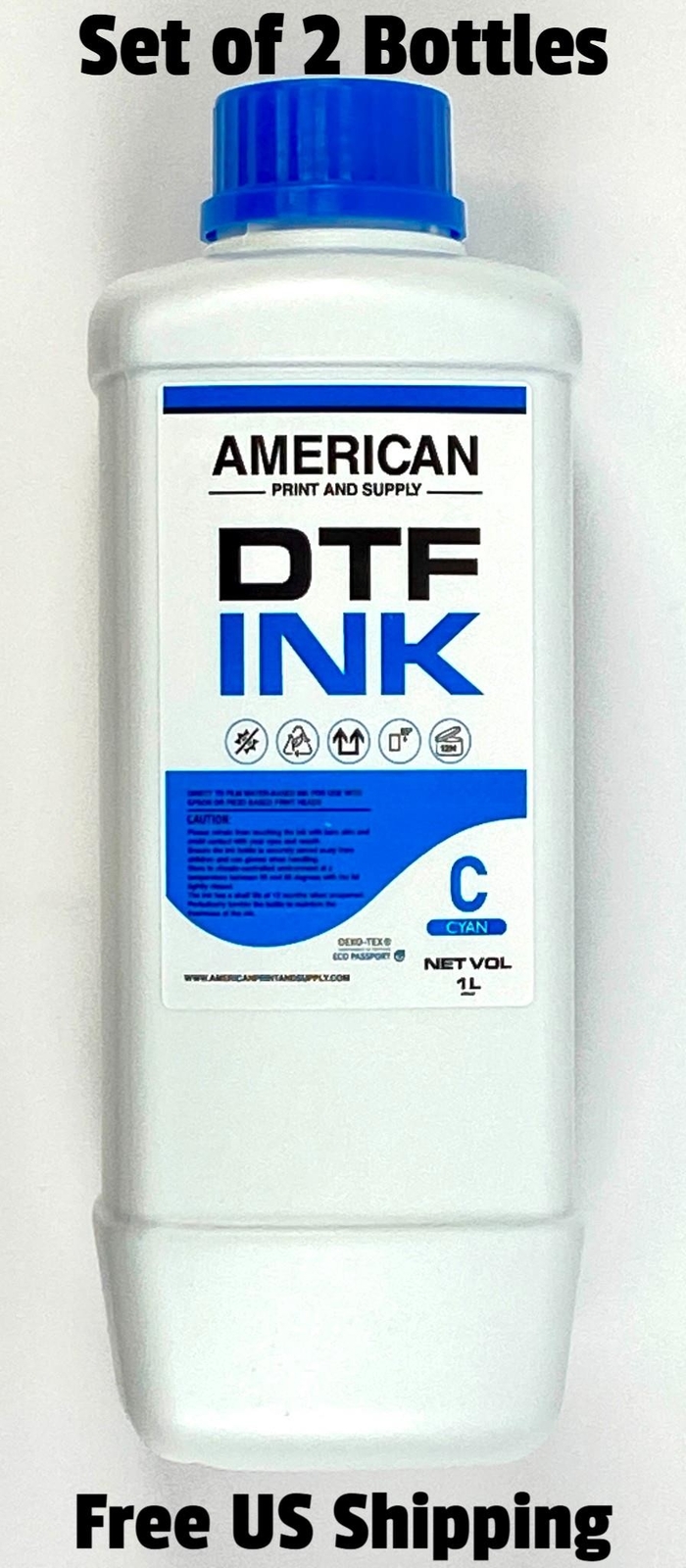 Direct to Film Water-Based Ink Cyan 1L for Use with Epson DTF Printers Set of 2