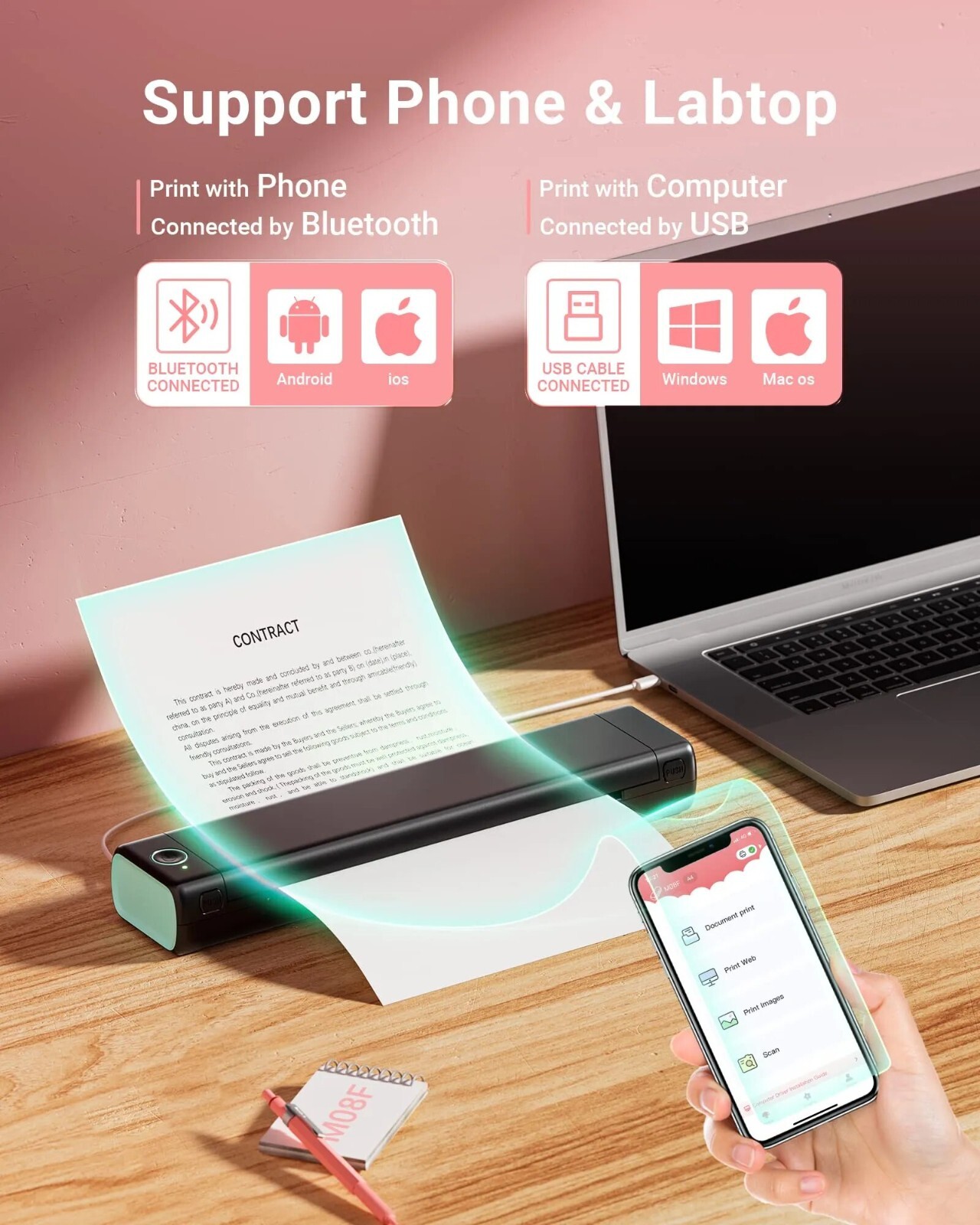 M08F A4 Wireless Thermal Printer Portable Handheld Bluetooth Mini