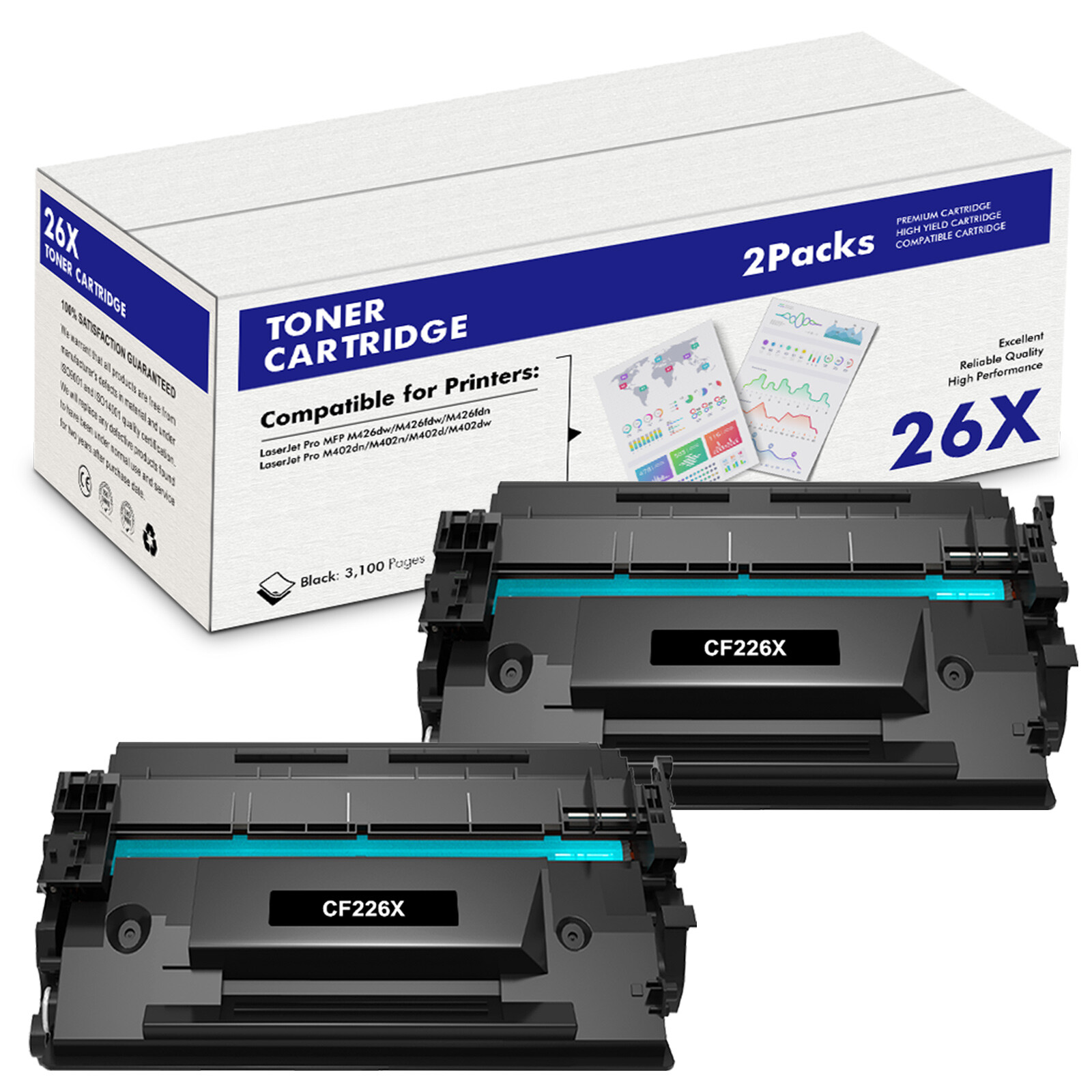 2x CF226X For HP 26X Laserjet Pro MFP M426fdw M402n M402dn M426fdn Toner CF226XC