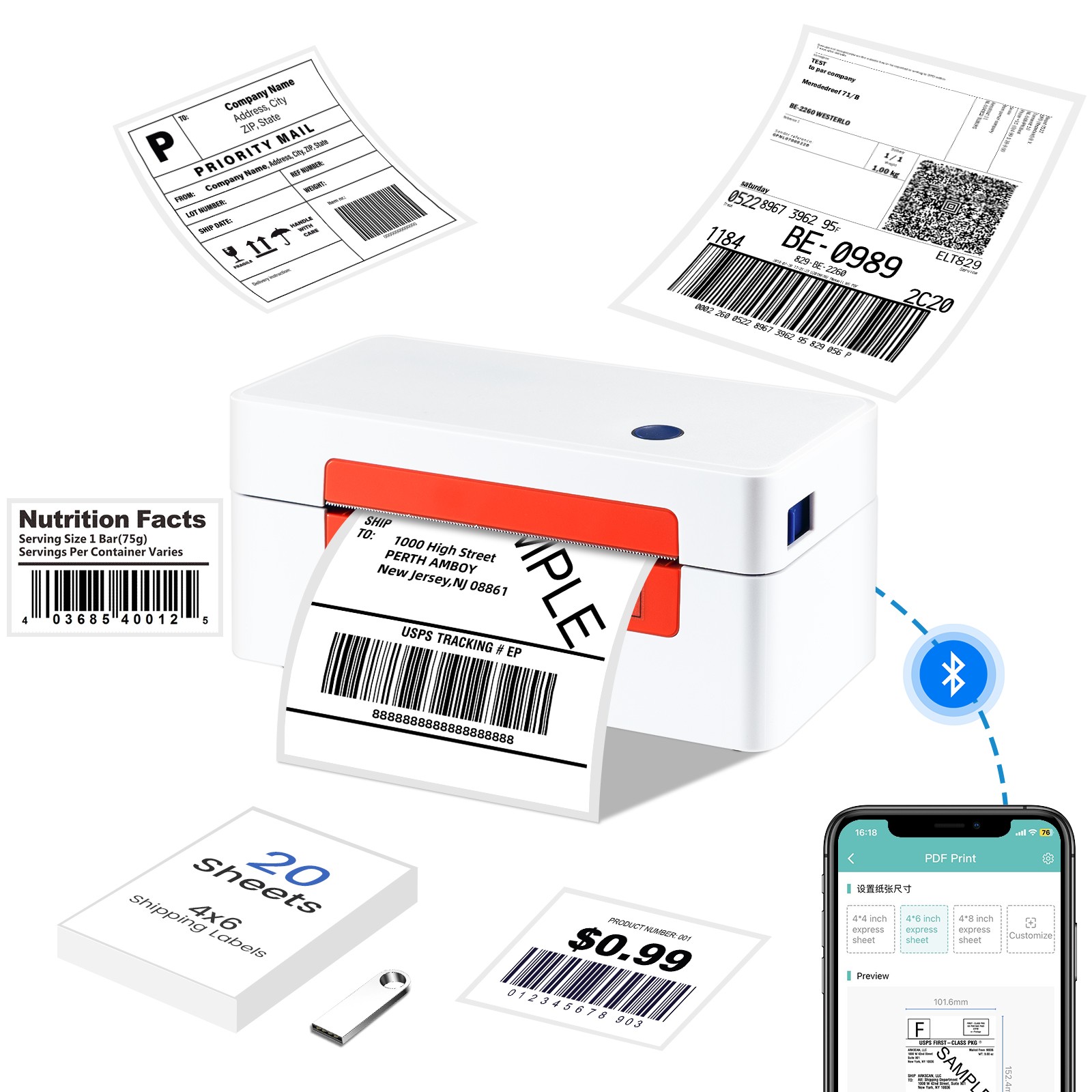 Vretti Thermal Shipping Label Printer 4×6 Wireless Bluetooth Label Printer