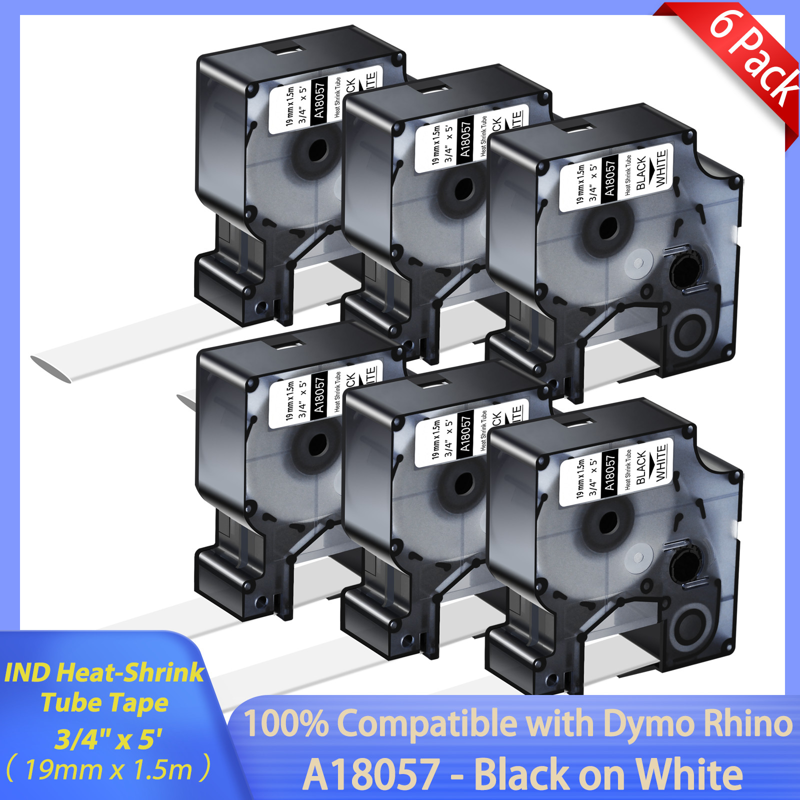 6x Black on White 3/4″ Heat-Shrink Tube A18057 Label Tape Fit DYMO Rhino 5000