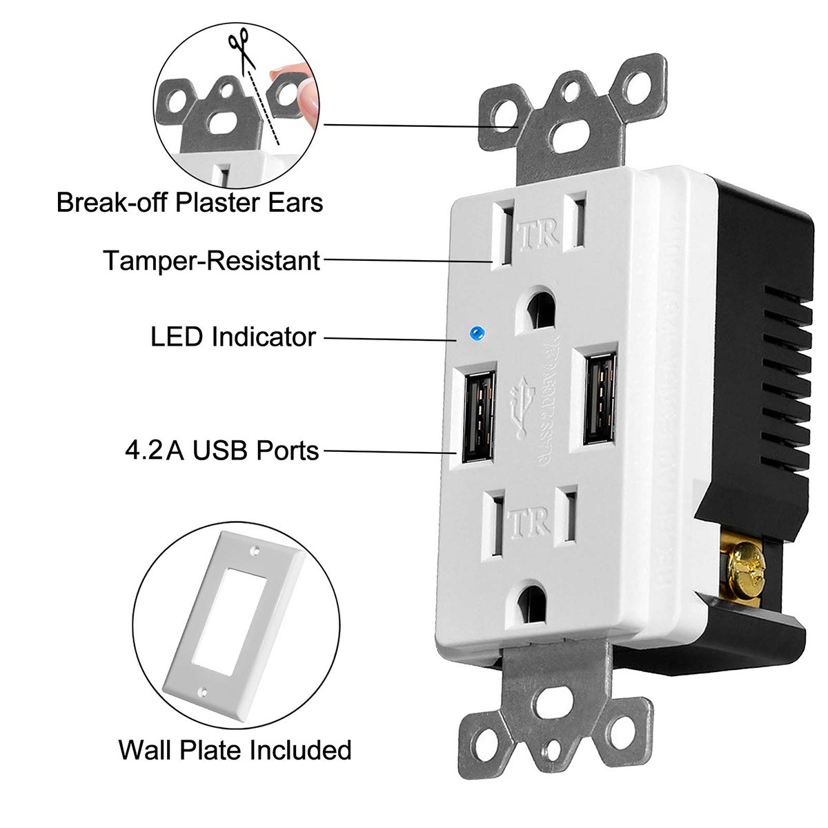 Greencycle 8PK Dual Electrical 4.2A USB Wall Outlet with Power Charge, 15A/125V