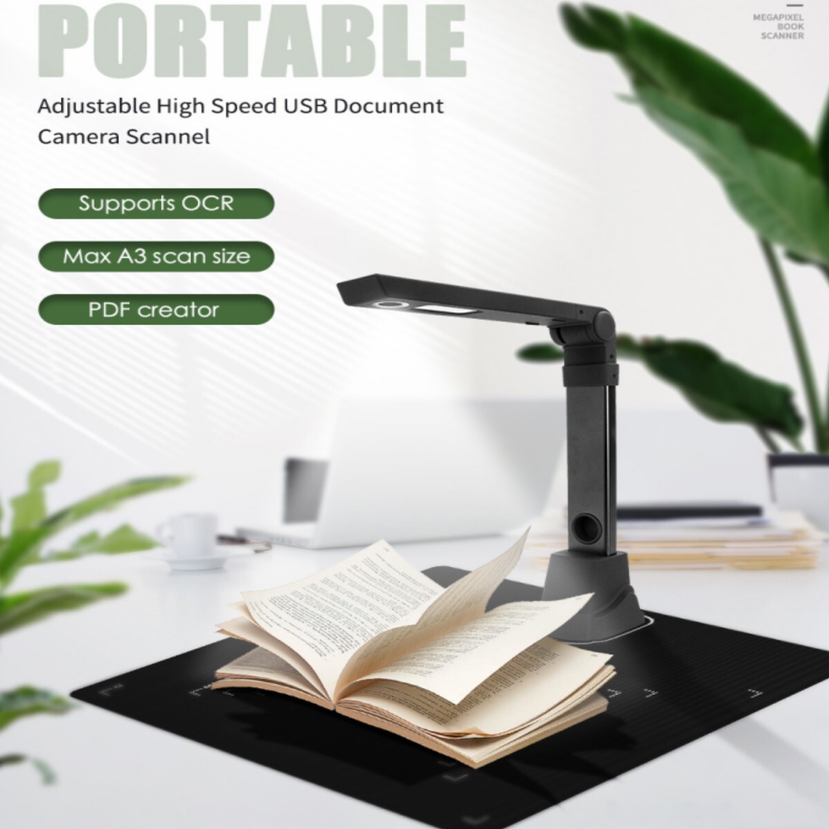 USB Smart Document Book Scanner OCR Auto-Flatten&Deskew 12MP Camera Capture A3