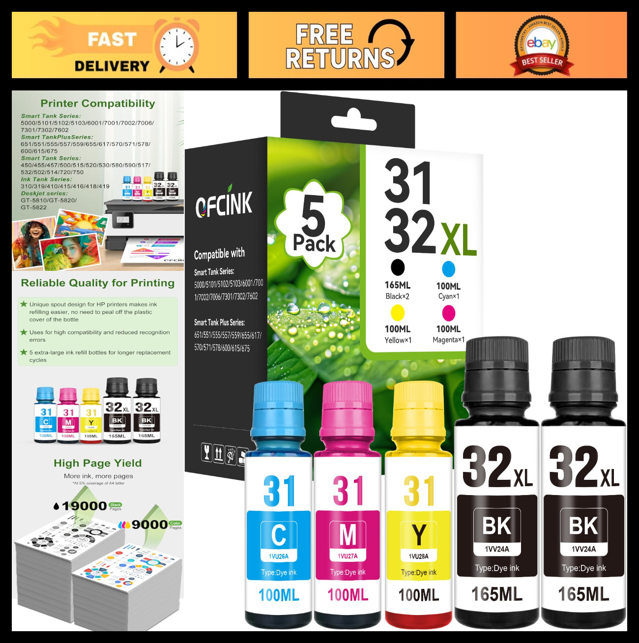 31 32XL Ink Bottle Set – Refill for HP Smart Tank 5000 5101 7602 570 651 Printer