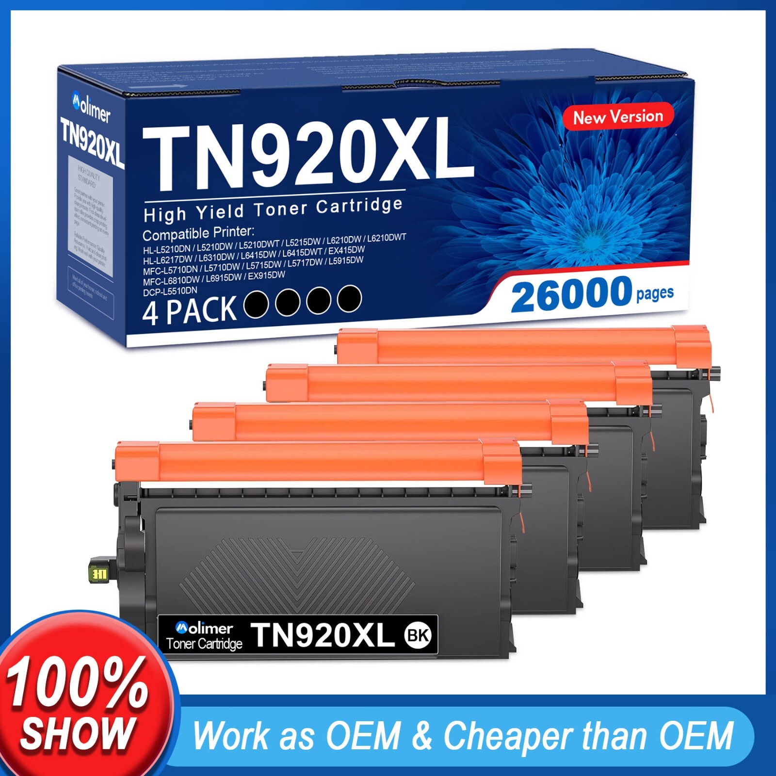 4 Pack TN920XL Toner High Yield, with Chip Black TN-920XL for Brother HL-L5210DW
