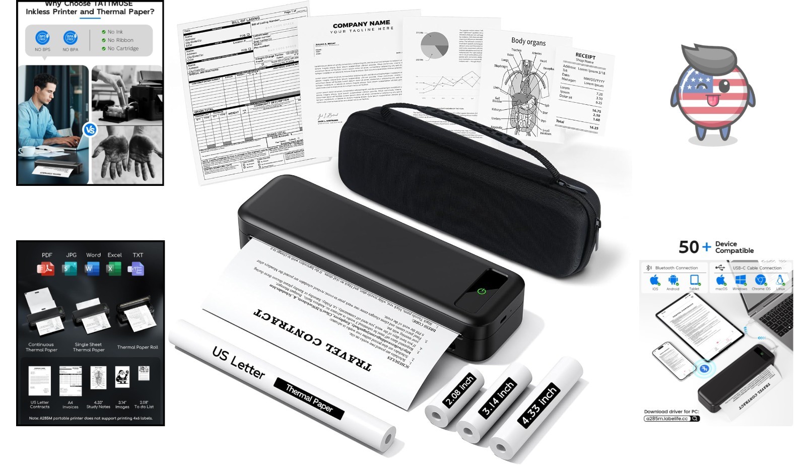Portable Wireless Thermal Printer Set | Rechargeable, Ideal for Mobile Printing