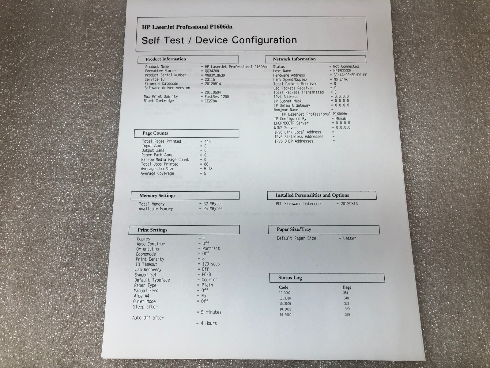 HP LaserJet P1606DN Monochrome Workgroup Printer CE749A Low pg ct Full Toner