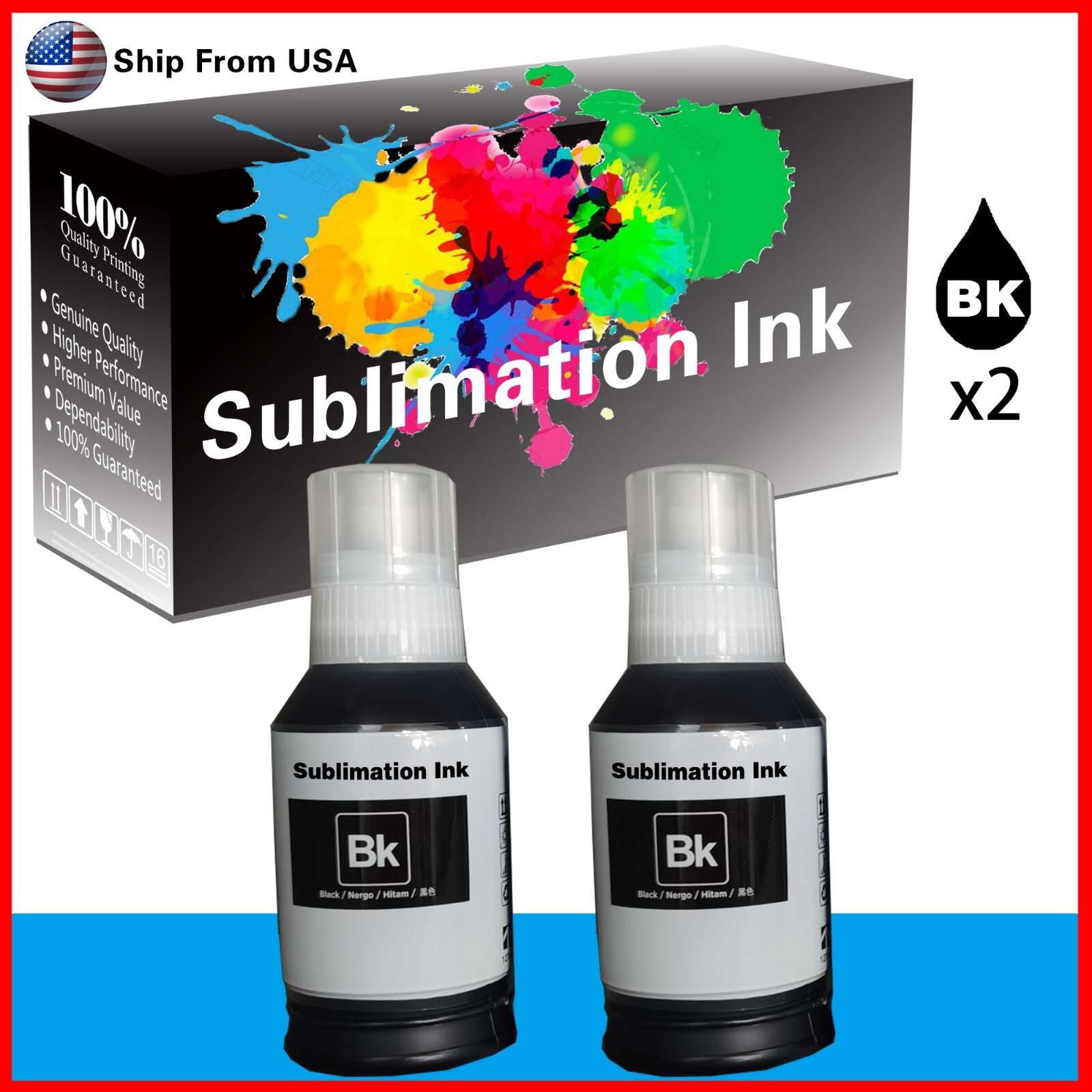 2PK Black Sublimation Ink for EcoTank Supertank ET-2720 ET-2800 (Anti-UV)