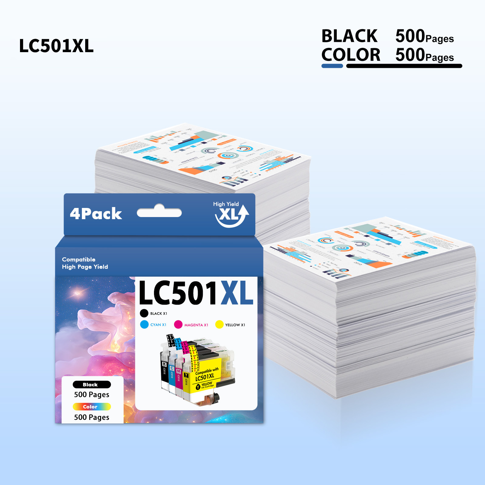 4pk LC501XL Ink Cartridges for Brother MFC-J1260DW MFC-J1410DW J1360DW LC501