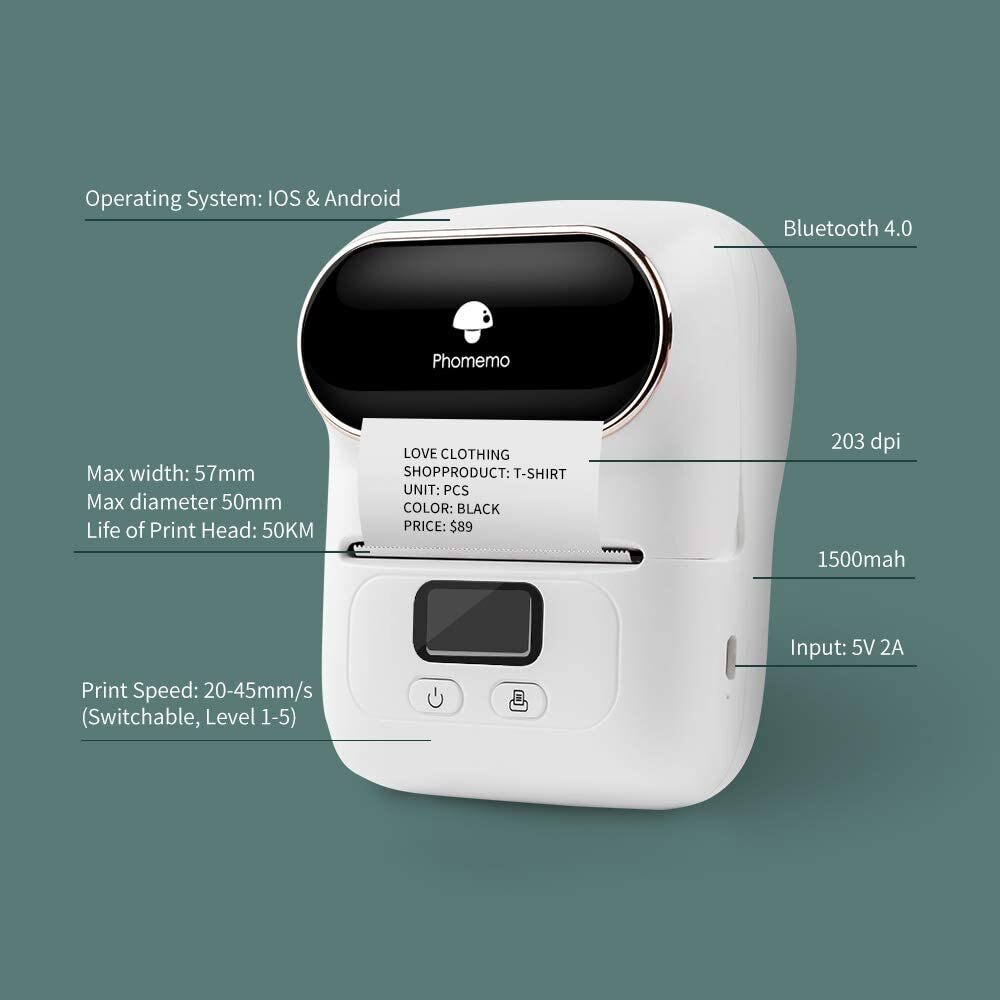 Phomemo M110 Bluetooth Printer Thermal Barcode Printer Best Gift +3 Roll Paper