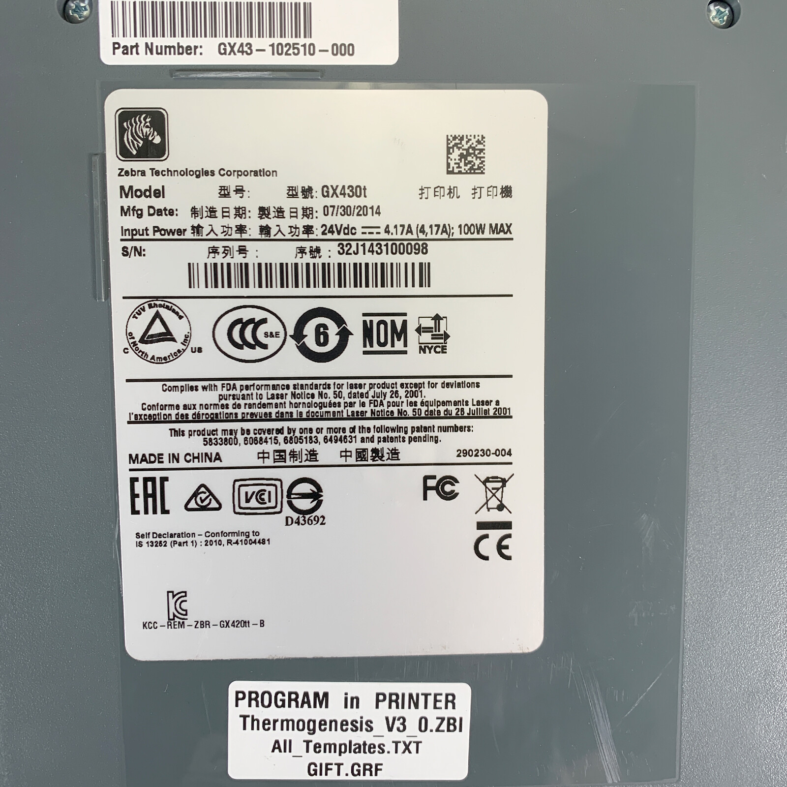 Refurbished Zebra GX430T Thermal Transfer Barcode Printer 300 dpi USB Serial