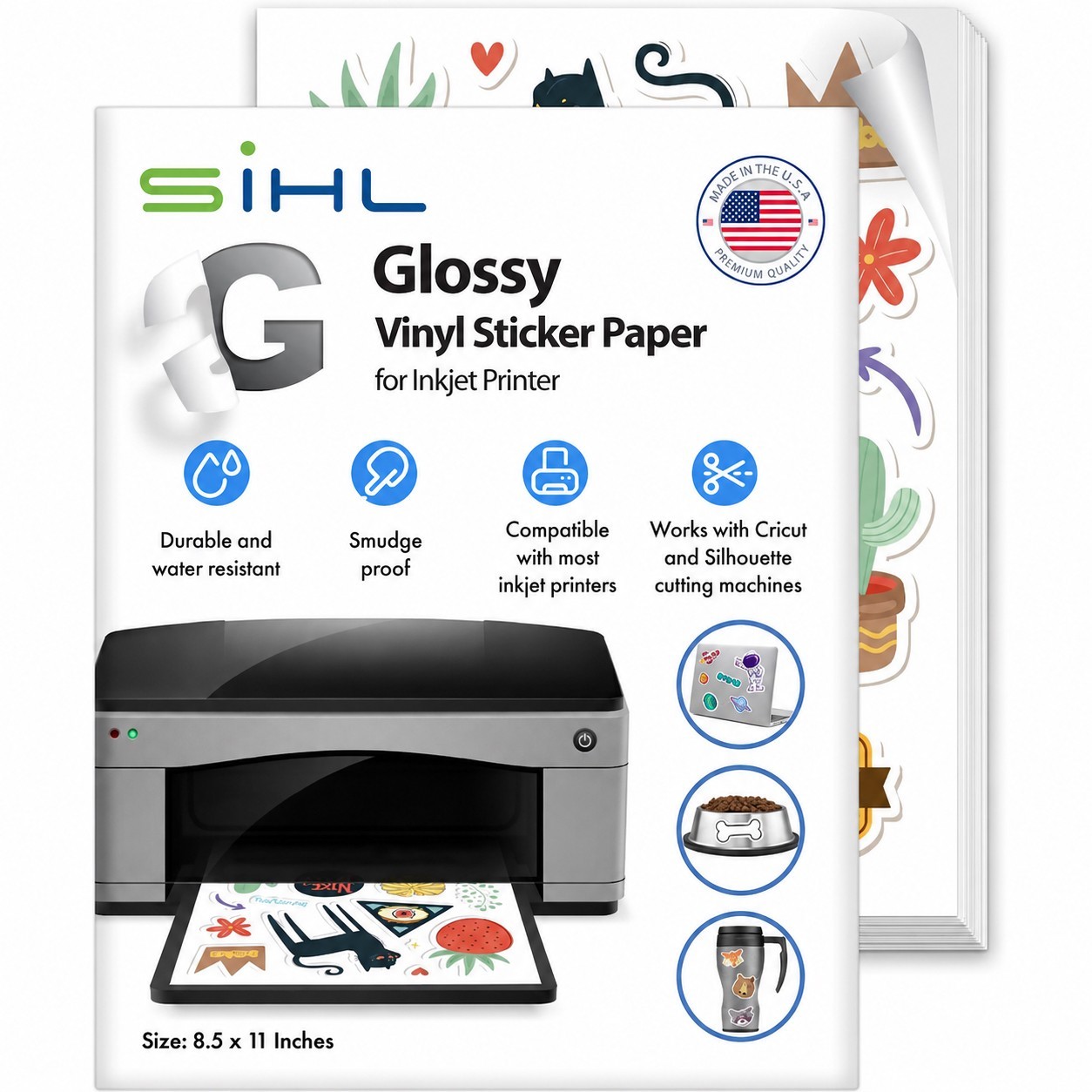 SIHL Premium Printable Glossy Vinyl Sticker Paper for Inkjet 200 Sheets 8.5″x11″
