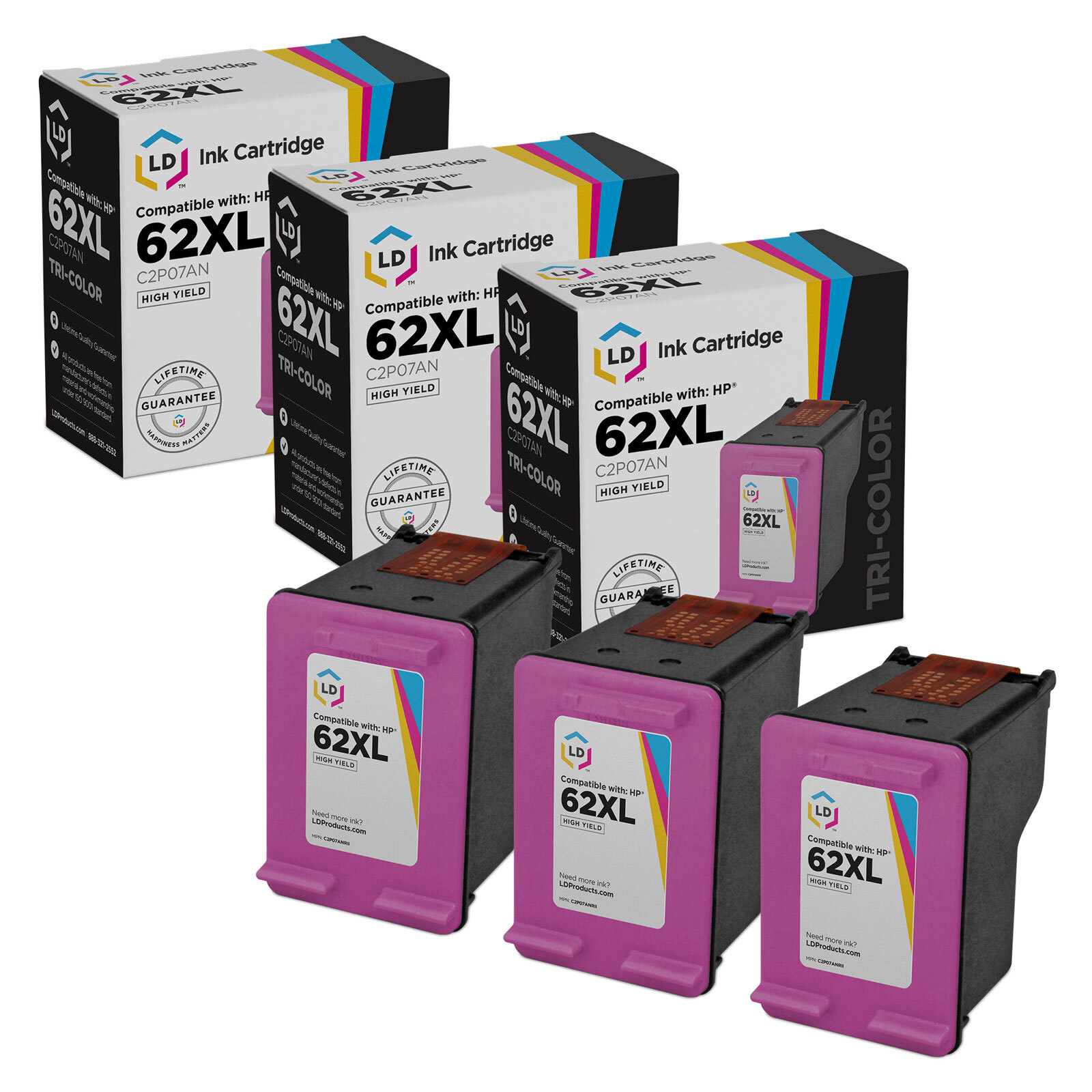 LD Ink Cartridge Replacement for HP 62XL C2P07AN High Yield (Color, 3-Pack)