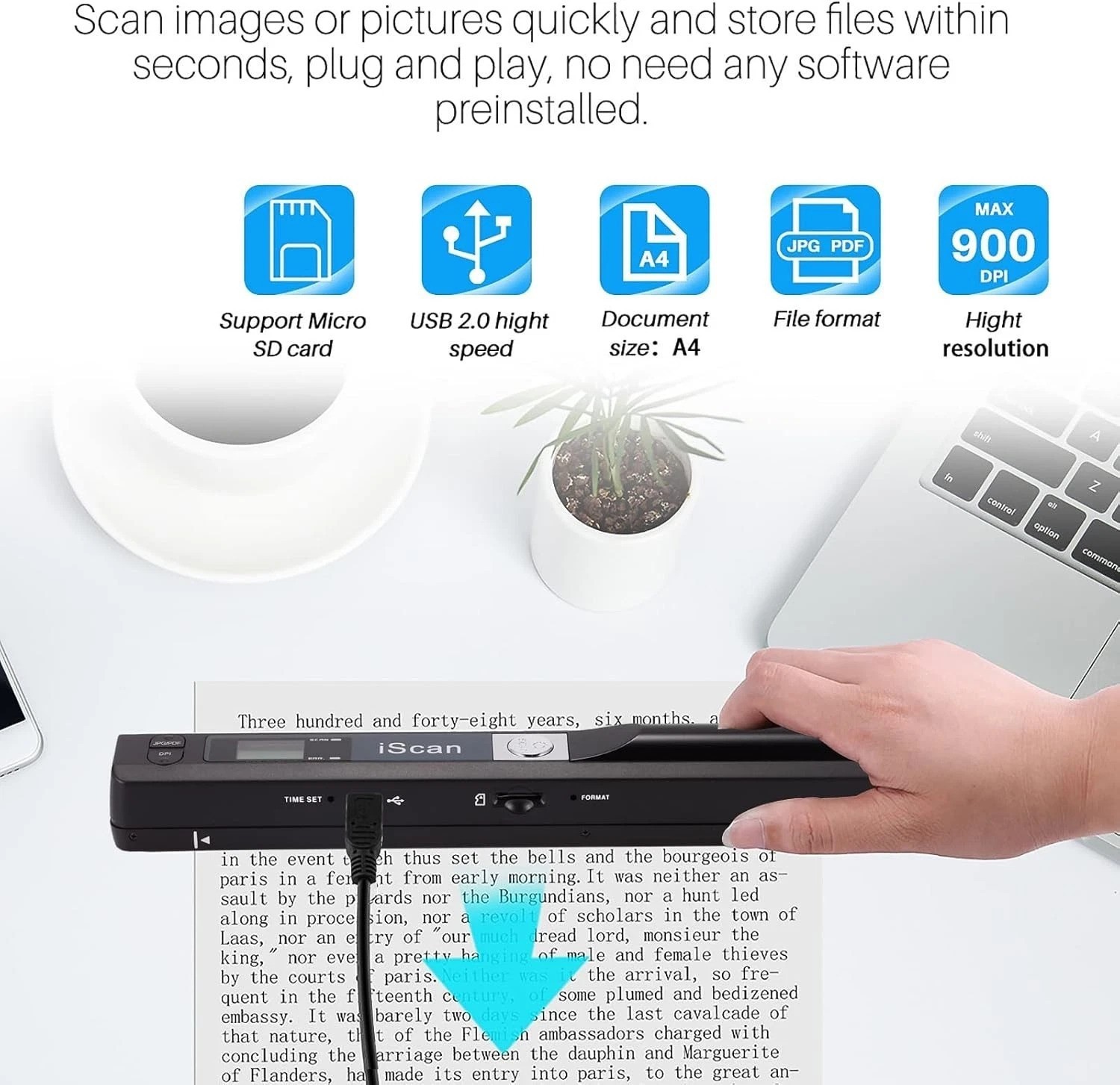 Handheld Image Scanner – 900DPI Resolution, USB Compatible with JPG/PDF Support