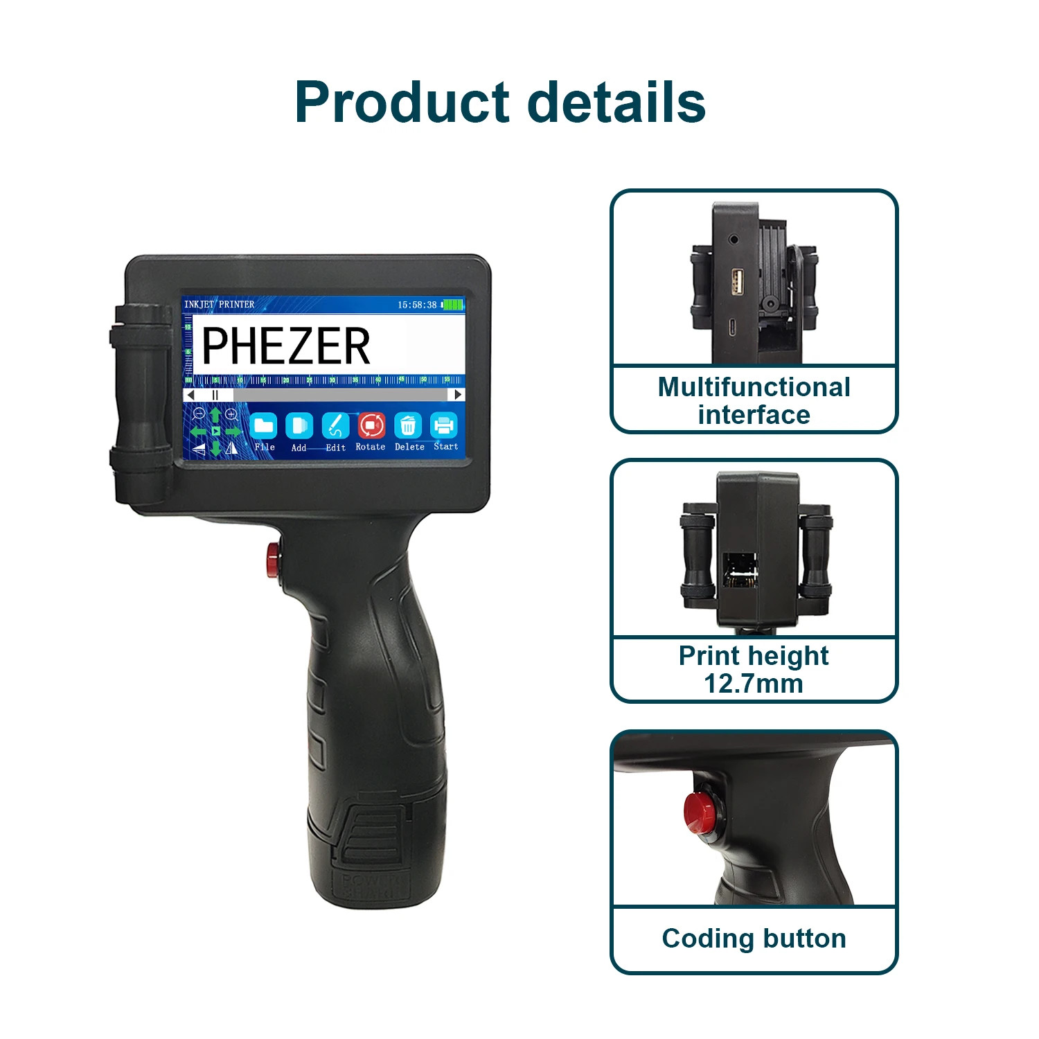 Handheld inkjet printer prints expiration date, text, batch number, barcode