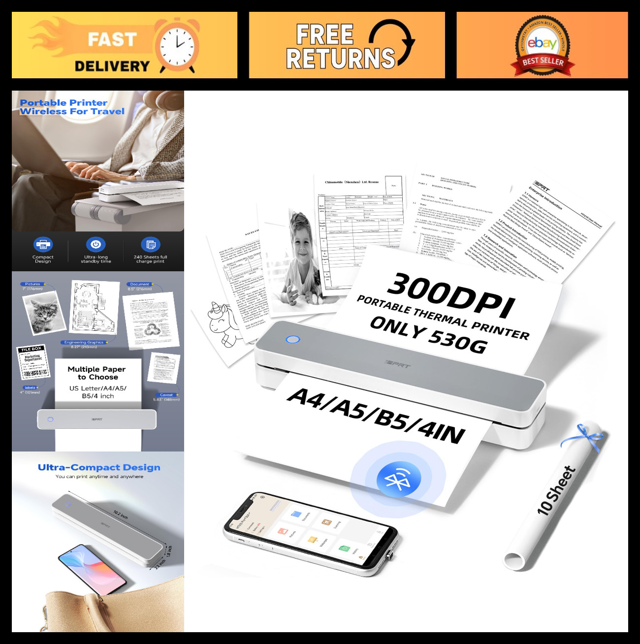 Portable Thermal Printer 300DPI – Inkless Wireless Mobile Printer for Home & Off