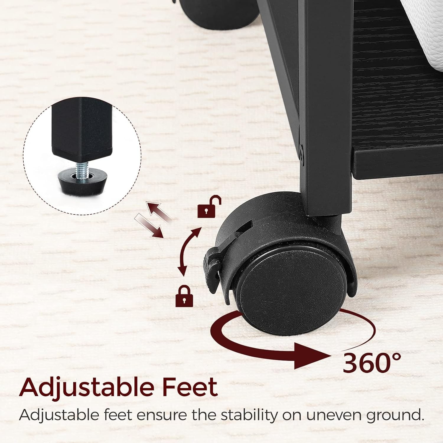 Black Rolling Printer Stand with 3-Tier Shelves & USB Ports for Modern Offices