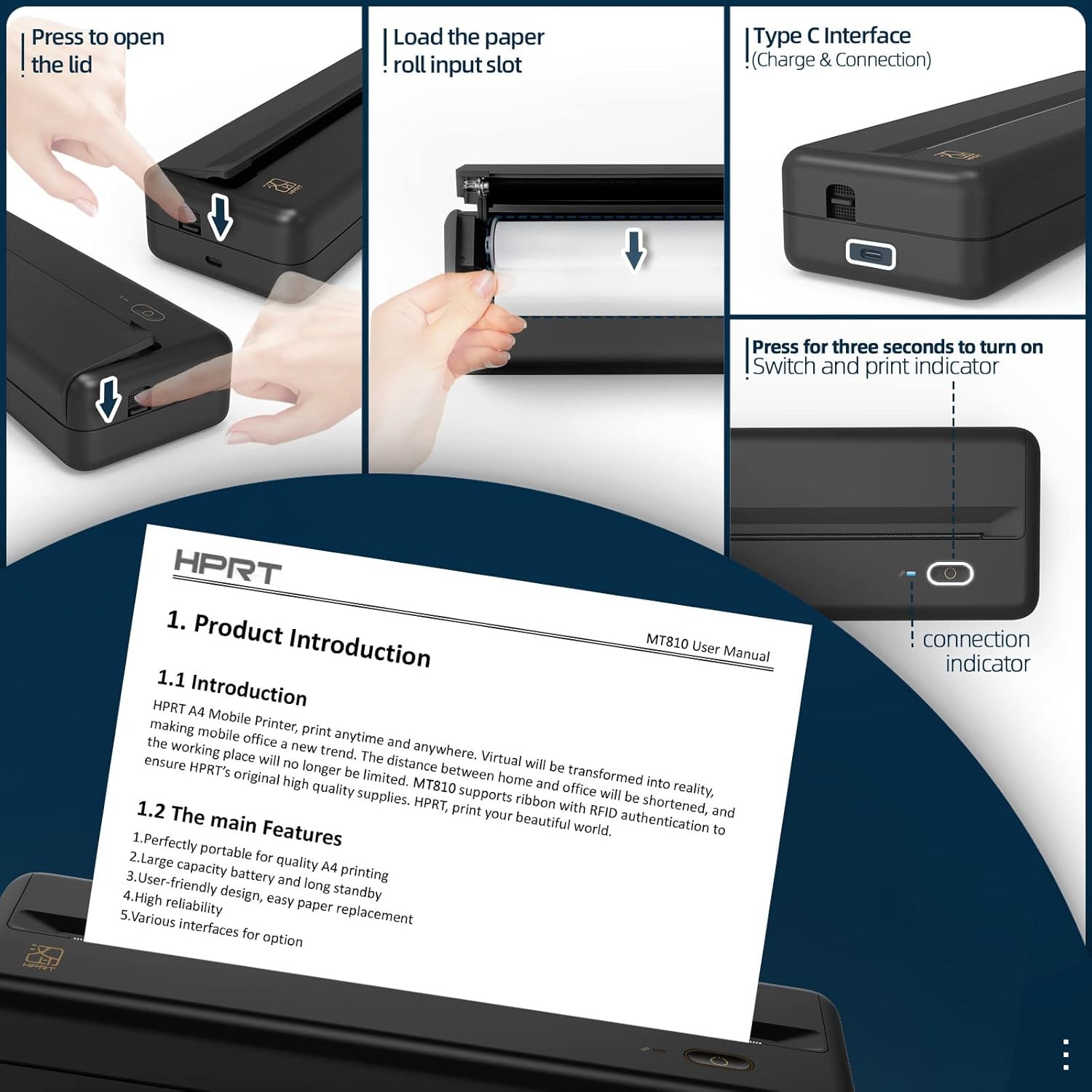 HPRT MT810 Portable Thermal Printer Bluetooth Wireless for Travel Mobile Office
