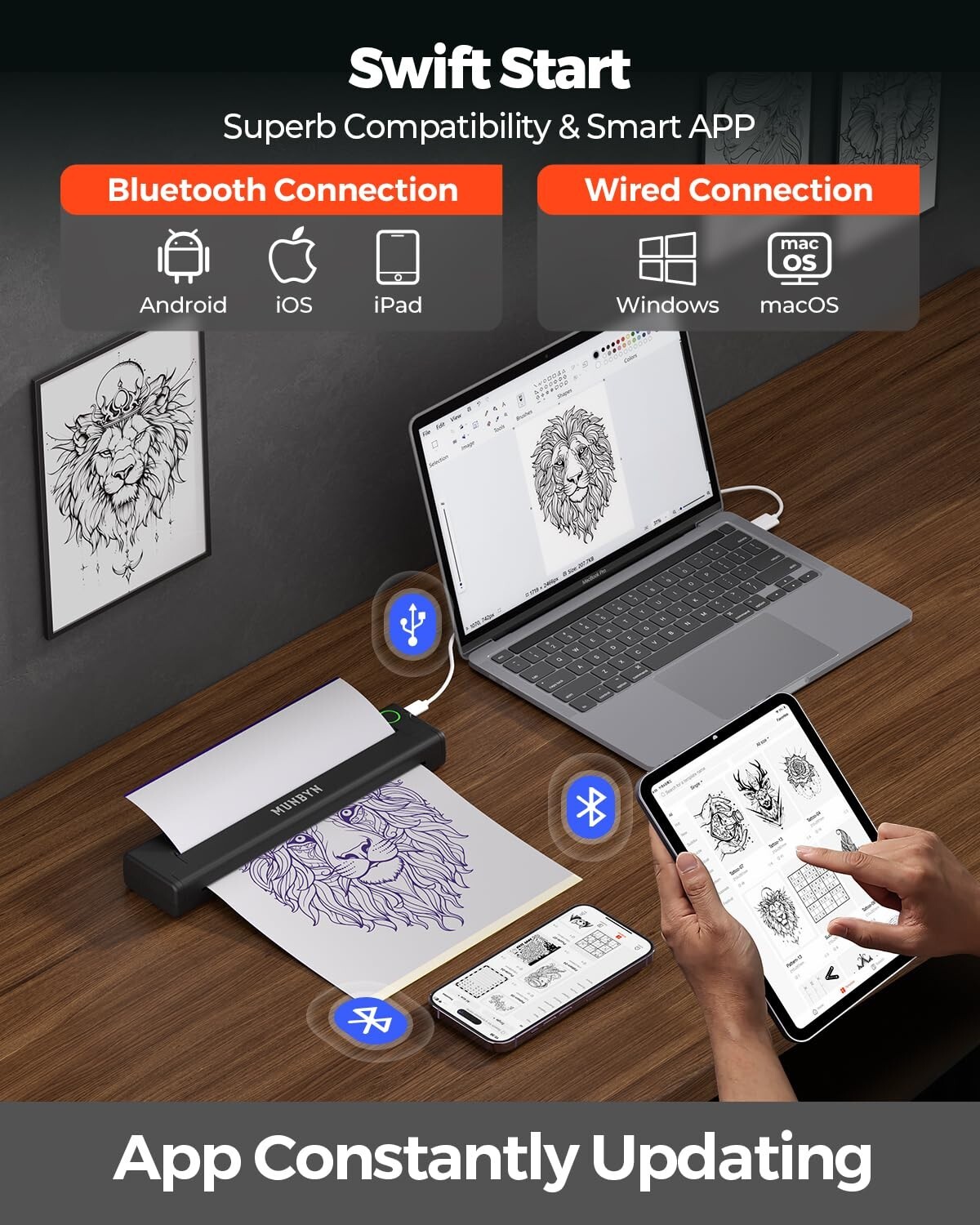 MUNBYN Wireless Tattoo Stencil Printer ITP05 Thermal Inkless Android/iOS/Laptop