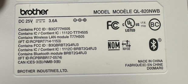 Brother QL820NWB Direct Thermal Label Printer – White/Black