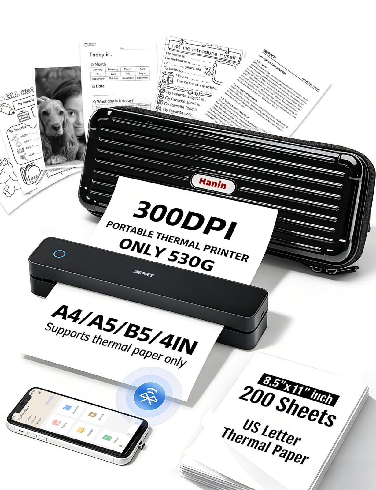 Portable Thermal Printer, 300DPI Inkless Wireless Mini Printer, Case & 200 Sheet