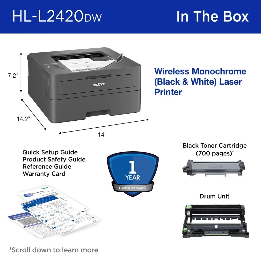 Brother HL-L2420DW Wireless Compact Monochrome Laser Printer with Duplex, Mobile