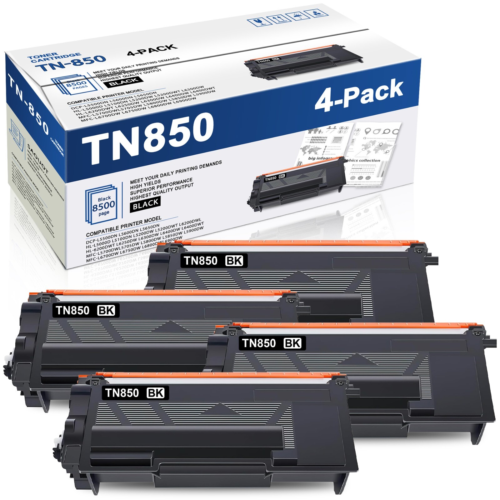 4 PACK TN850 Toner Cartridge Replacement for Brother TN 850 MFC-L5900DW Printer