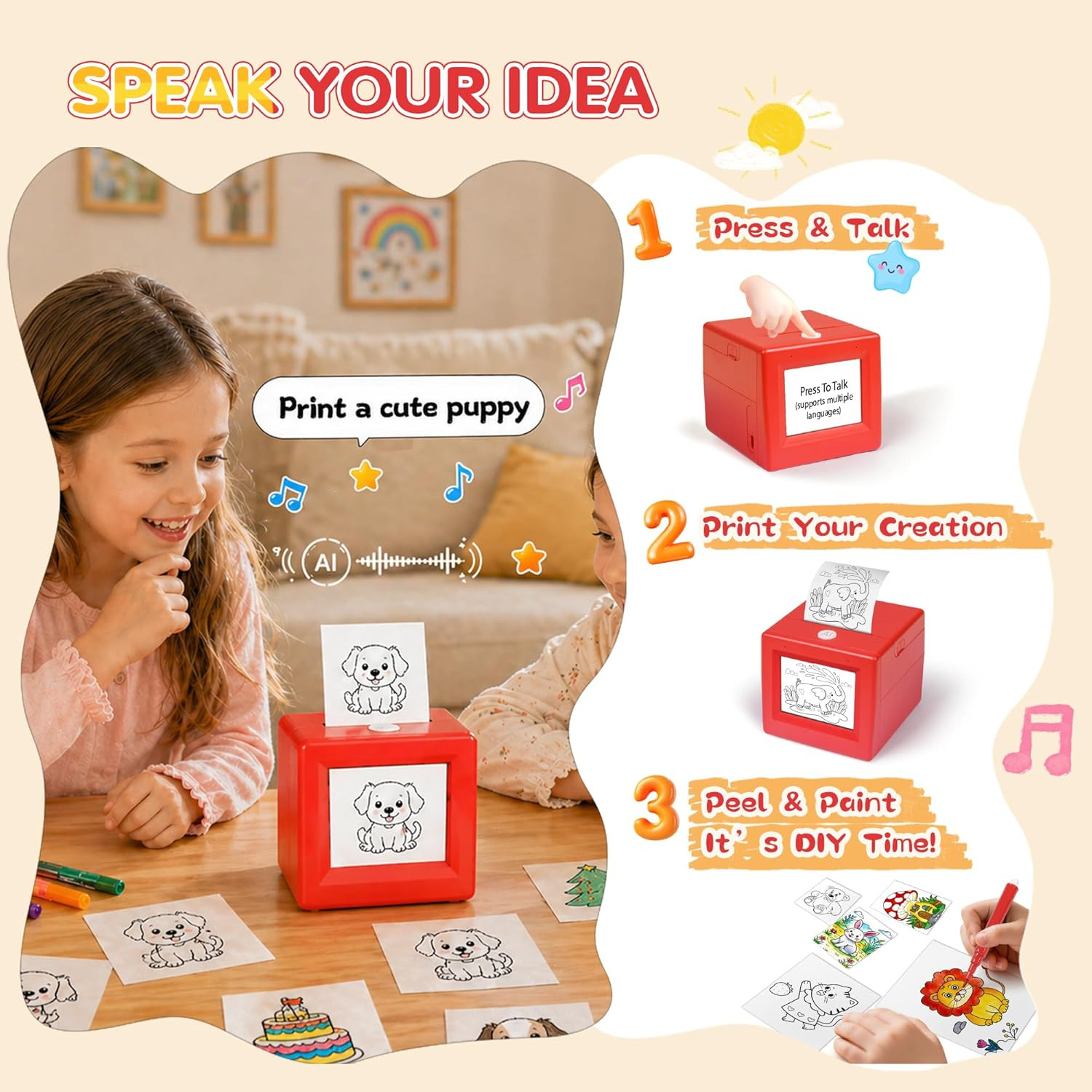 Smart AI Voice Sticker Maker Machine for Kids, Red | Thermal Sticker Printer Box
