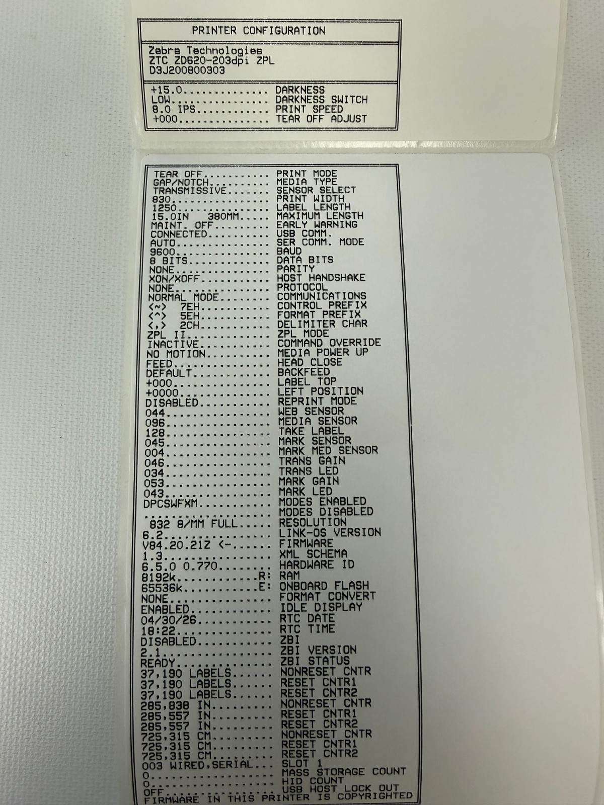 ZEBRA ZD620 THERMAL BARCODE LABEL PRINTER USB LAN BLUETOOTH ZD62042-D01F00EZ