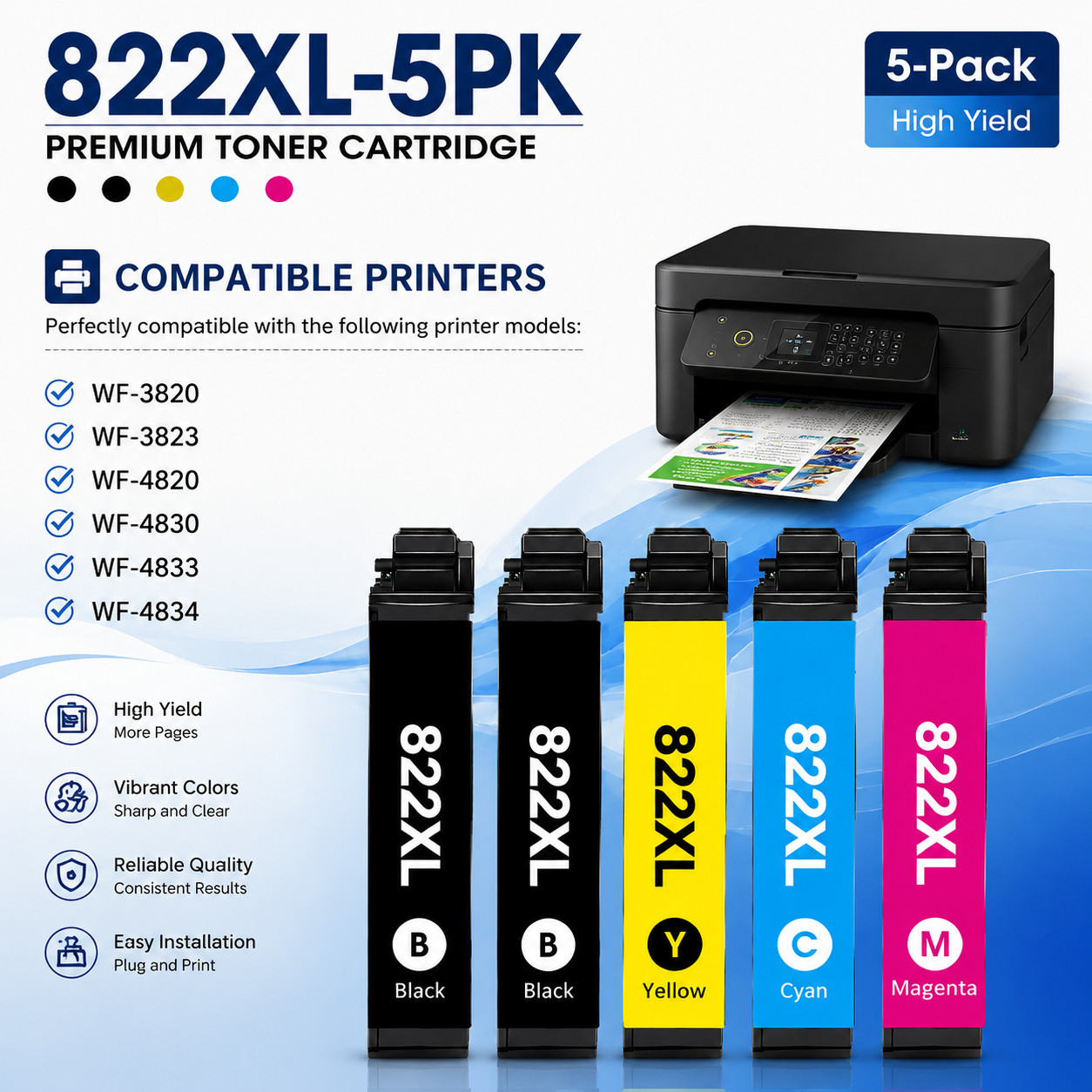 5PK 822XL Cartridges For Epson WF-3820 WF-4820 WF-4833 WF-3823