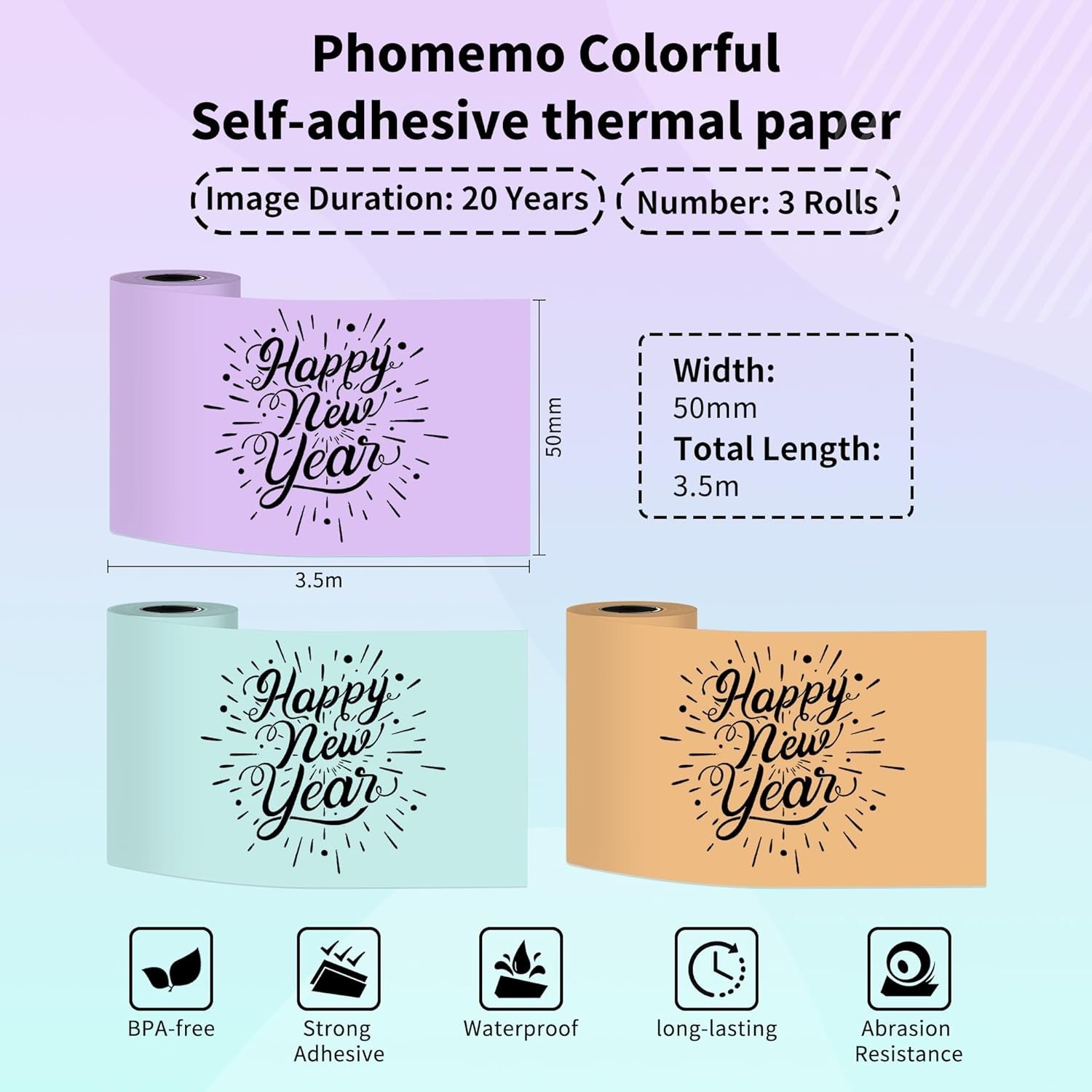 20 Year Thermal Paper 3 Rolls Compatible with Phomemo Q02 Printers 50mm, 3.5m
