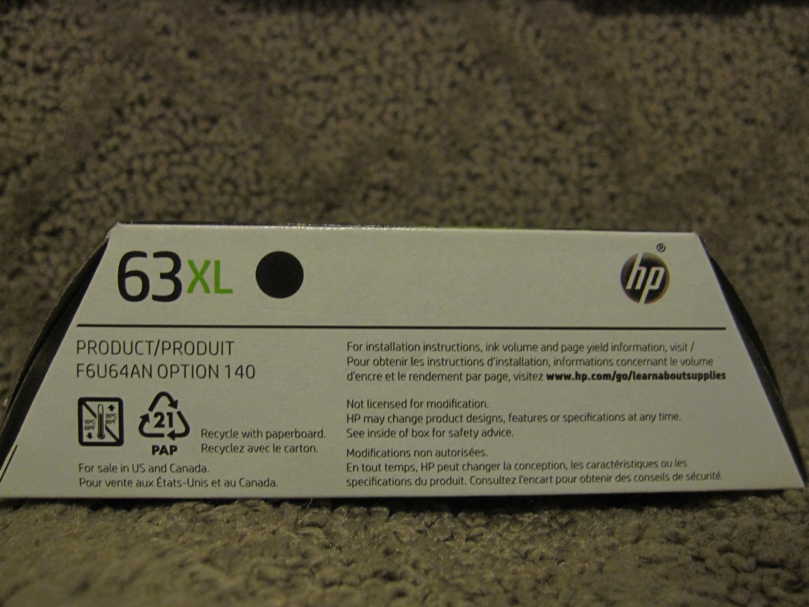 HP F6U64AN Black Ink Cartridge Genuine OEM # 63XL 63 NOV/2026