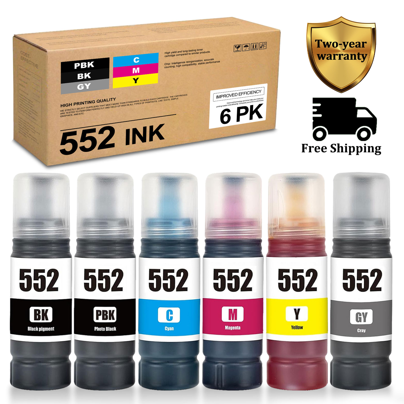 6PK 552 Ink Refill Bottles for Epson Ecotank ET-8550 ET-8500(BK/PBK/C/M/Y/GY)