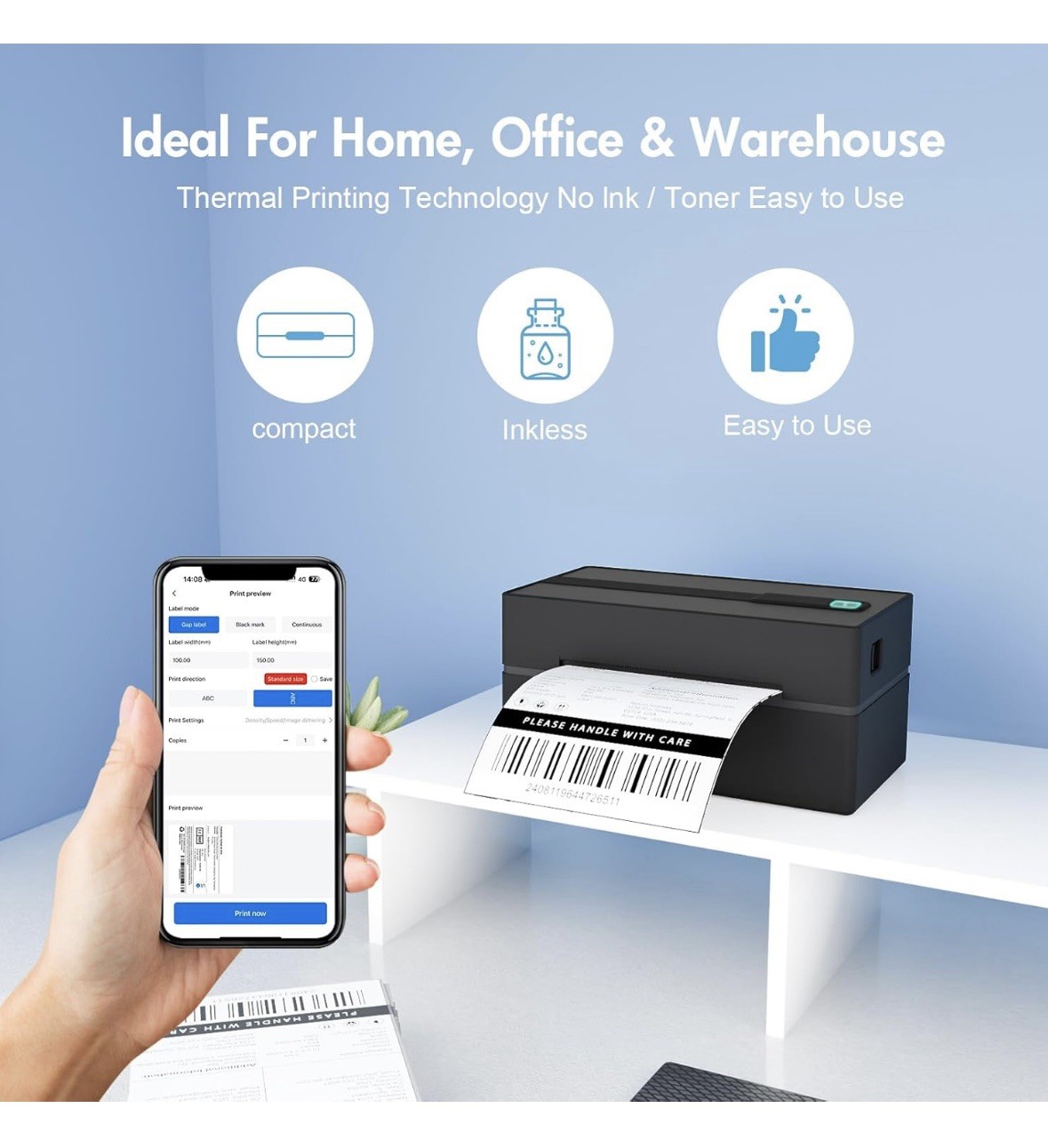 New Bluetooth Thermal Mailing Label Printer Model Y486BT No Ink/toner 4×6 Labels
