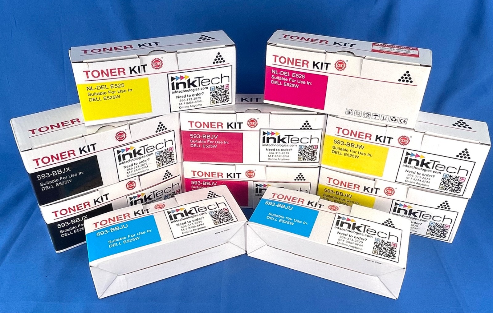 InkTech Dell E525W Toner Lot 10 Cartridges 2 Full CMYK Sets + Extras New