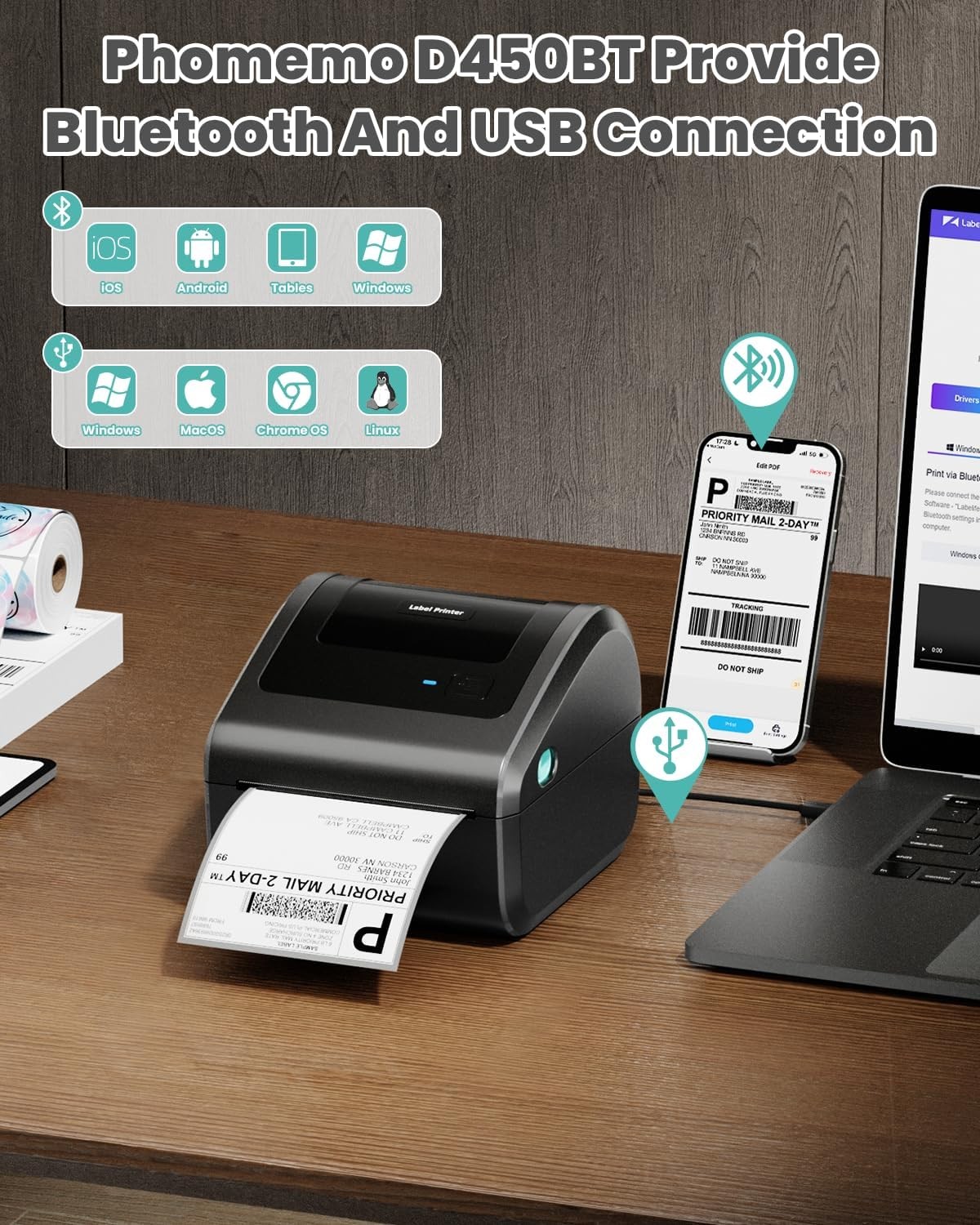 Bluetooth Label Printer Thermal 4×6 Printer for Shipping Label Package USPS UPS
