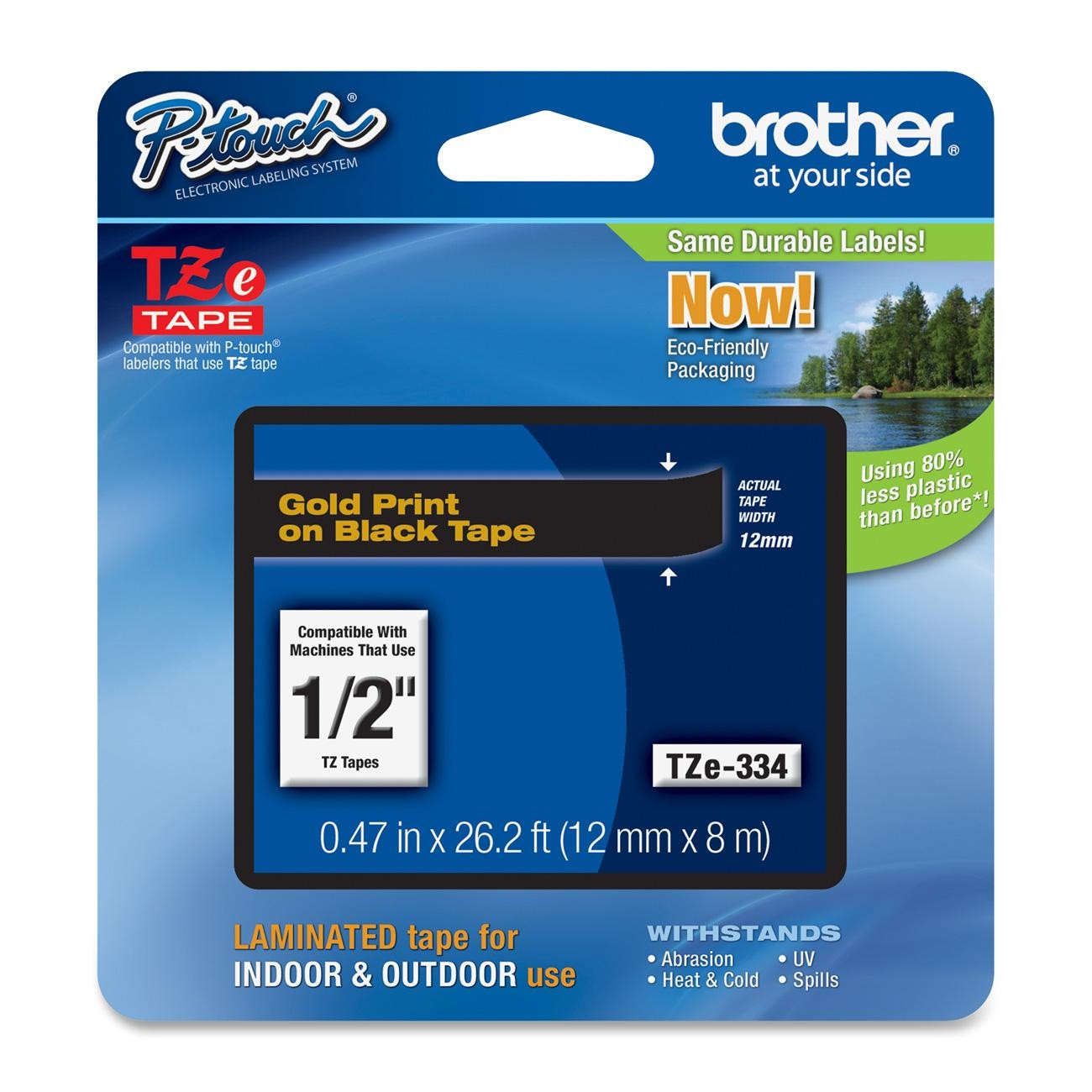 Brother TZ334 TZe334 12mm 1/2 inch gold on black TZ tape P-Touch PT1090 PT1290