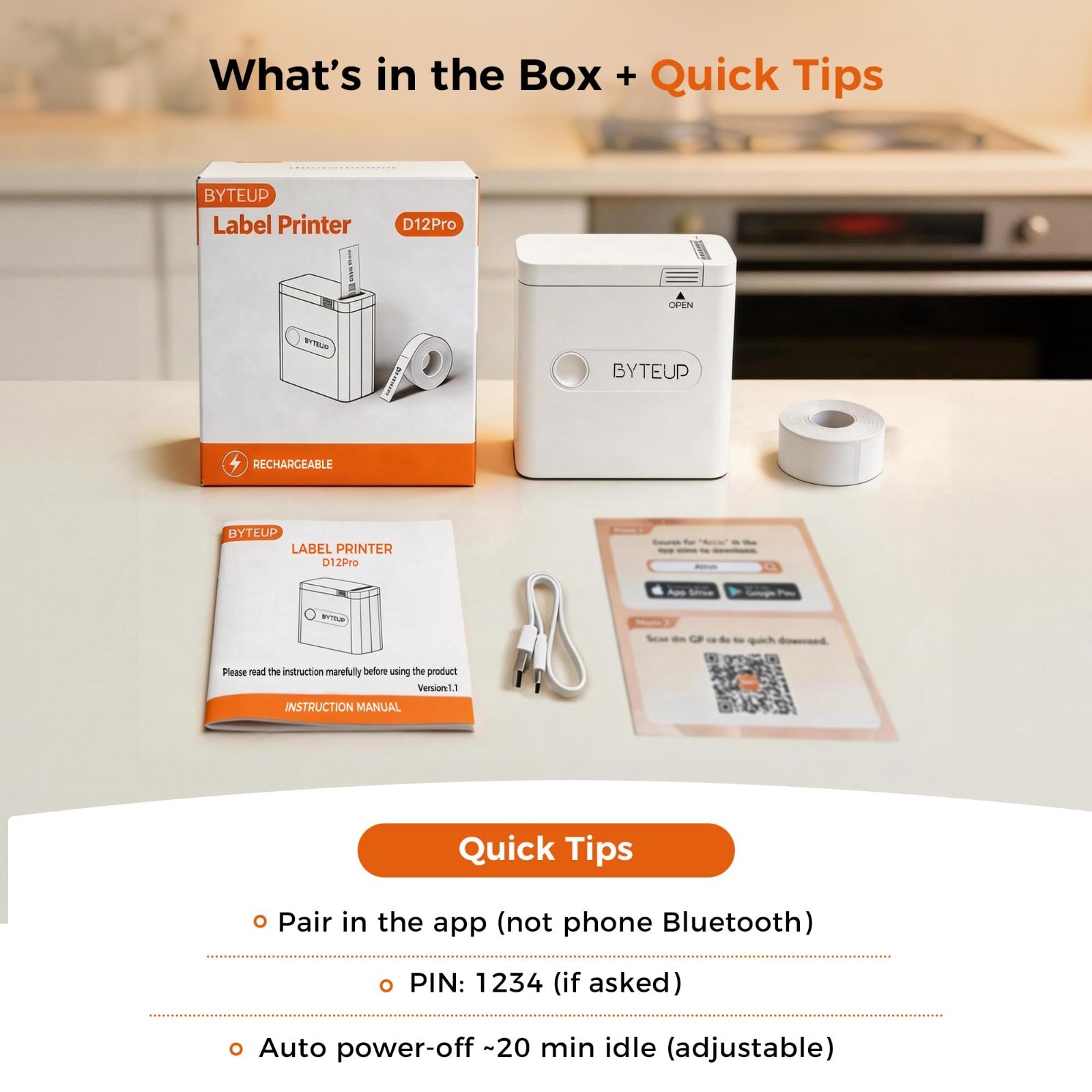 Portable Bluetooth Thermal Label Printer – Mini 12-15mm, Inkless, Date Stamp, Ma