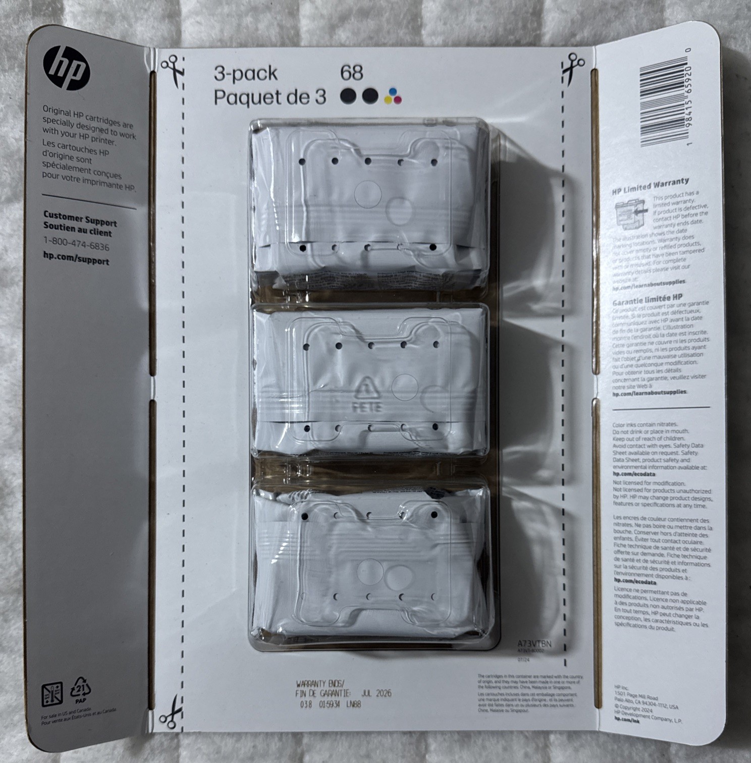 HP 68 Black Tri-Color Ink Cartridge 3 Pack Combo A73VTBN Exp 2026+ Retail Pack